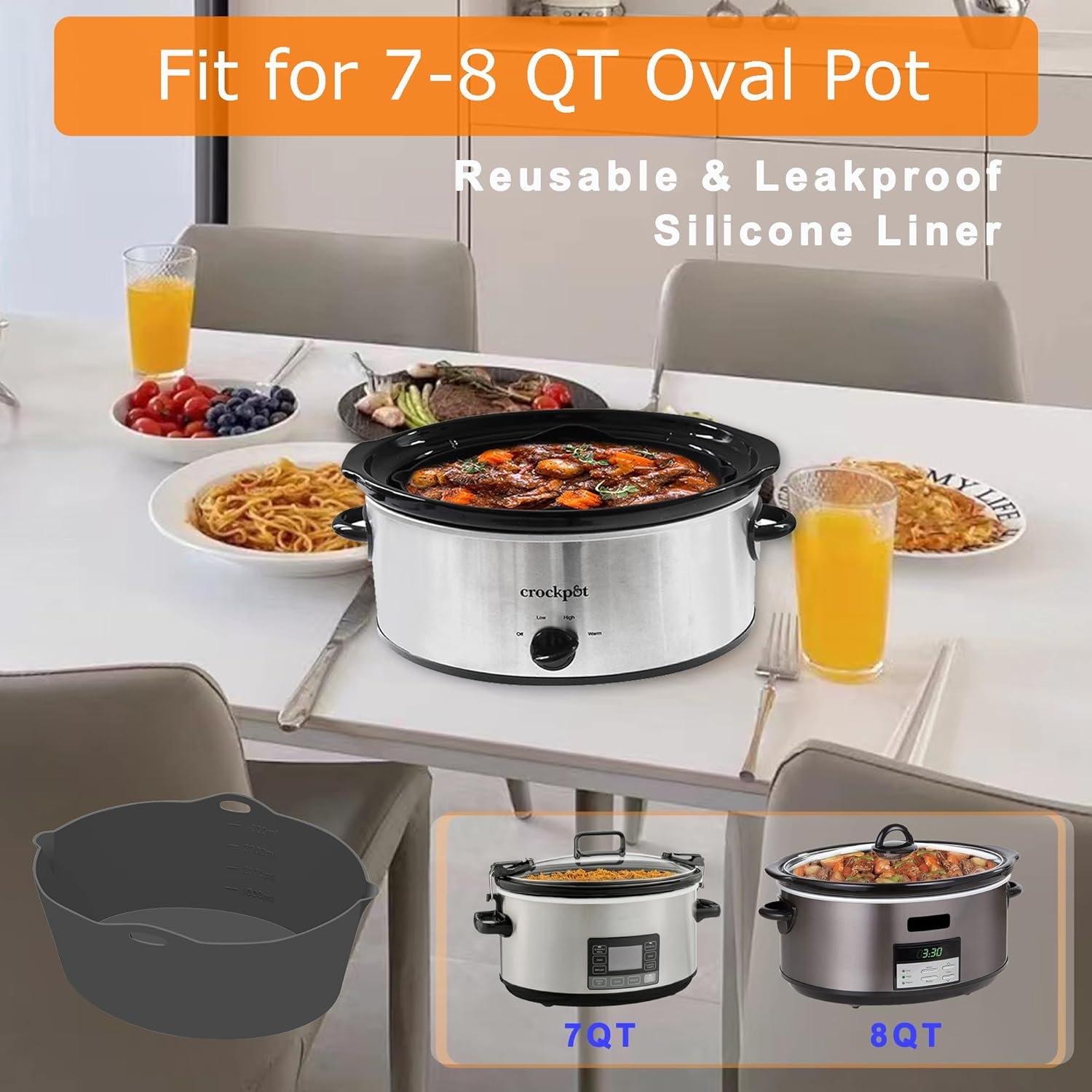 Silicone Crockpot Liner Reusable Fit 7-8 Quart Oval Crock Pots/Slow Cookers- Prolong The Life of Your Slow Cooker (Grey/1pc)