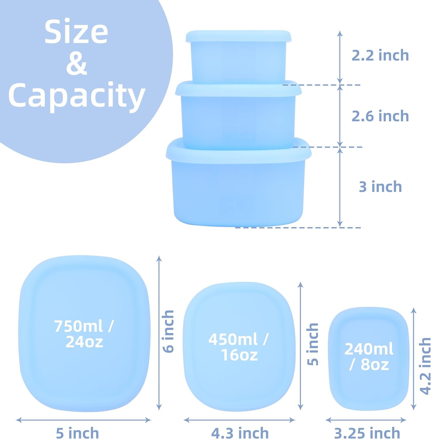 Silicone Food Storage Containers with Airtight Lids, Set of 6, 8oz + 16oz + 24oz, Nesting Meal Prep Container for Lunch, Leftovers, Fruits, Dishwasher  Microwave  Freezer Safe, Green + Blue Silicone Food Storage Containers with Airtight Lids, Set of 6, 8oz + 16oz + 24oz, Nesting Meal Prep Container for Lunch, Leftovers, Fruits, Dishwasher  Microwave  Freezer Safe, Green + Blue