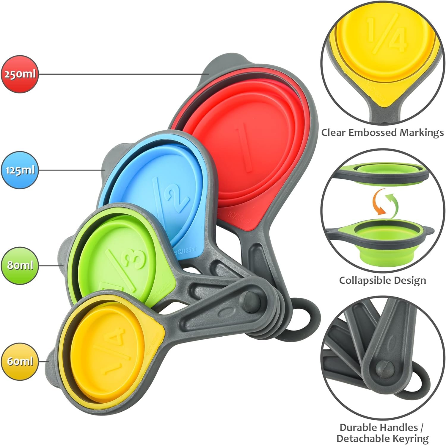 Silicone Measuring Cups and Spoons Set, 8 Piece Collapsible Measuring Cups Spoons, 4 Silicone Measuring Cups, 4 Measuring Spoons (Red), Great for Liquid  Dry Measuring, Space Saving (Random Color)