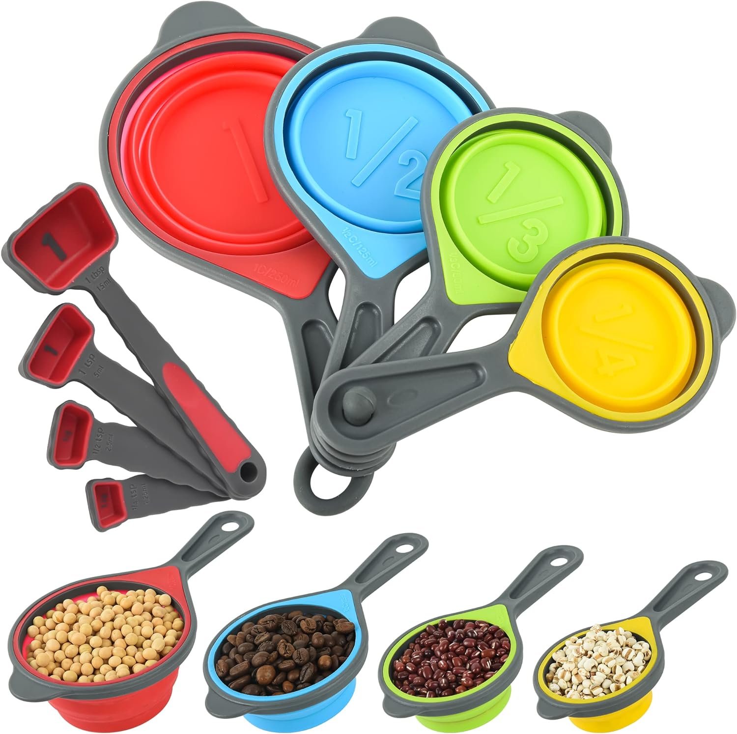 Silicone Measuring Cups and Spoons Set, 8 Piece Collapsible Measuring Cups Spoons, 4 Silicone Measuring Cups, 4 Measuring Spoons (Red), Great for Liquid  Dry Measuring, Space Saving (Random Color)