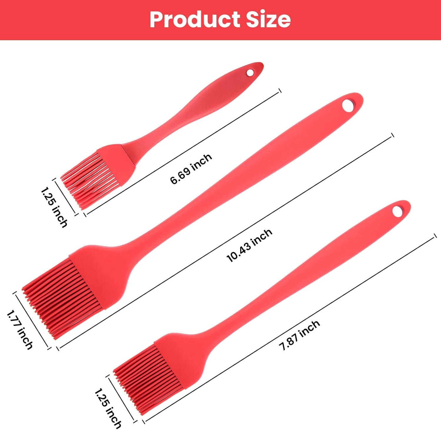 Silicone Pastry Brush, 3 Pcs Silicone Brushes, Basting Brush for Cooking, Pastry Brush for Baking, BBQ, Grilling, Heat Resistant, Dishwasher Safe (Red)