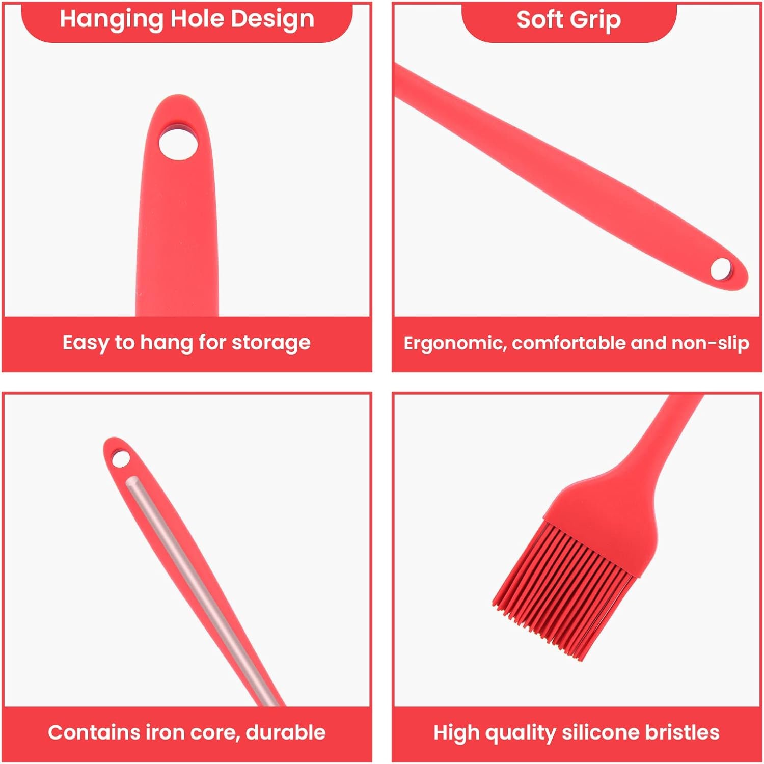 Silicone Pastry Brush, 3 Pcs Silicone Brushes, Basting Brush for Cooking, Pastry Brush for Baking, BBQ, Grilling, Heat Resistant, Dishwasher Safe (Red)