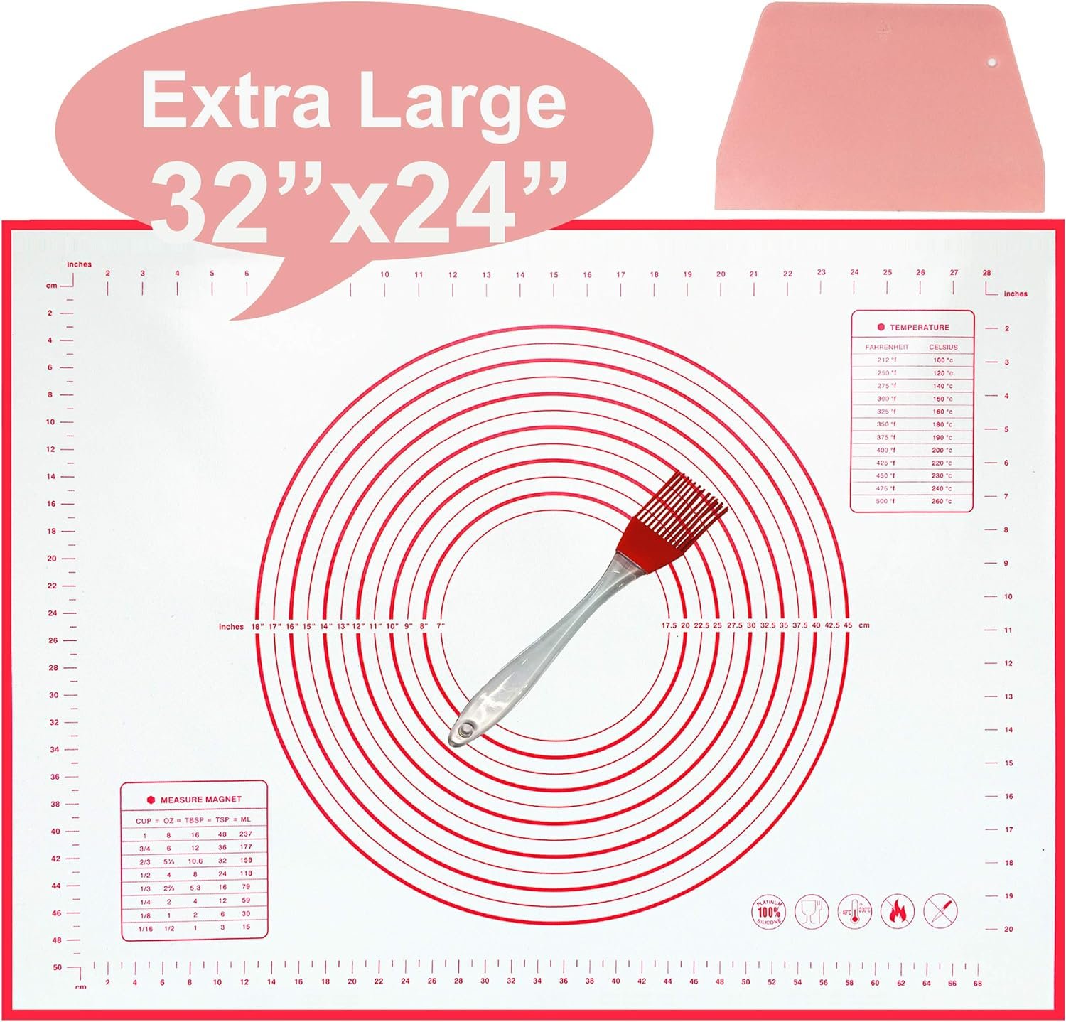 Silicone Pastry Mat Extra Large, 32 x 24 Non-stick Baking Mat with Measurement Kneading Board for Dough Rolling, Non-slip Counter Mat, Oven Liner, Fondant/Pie Crust Mat