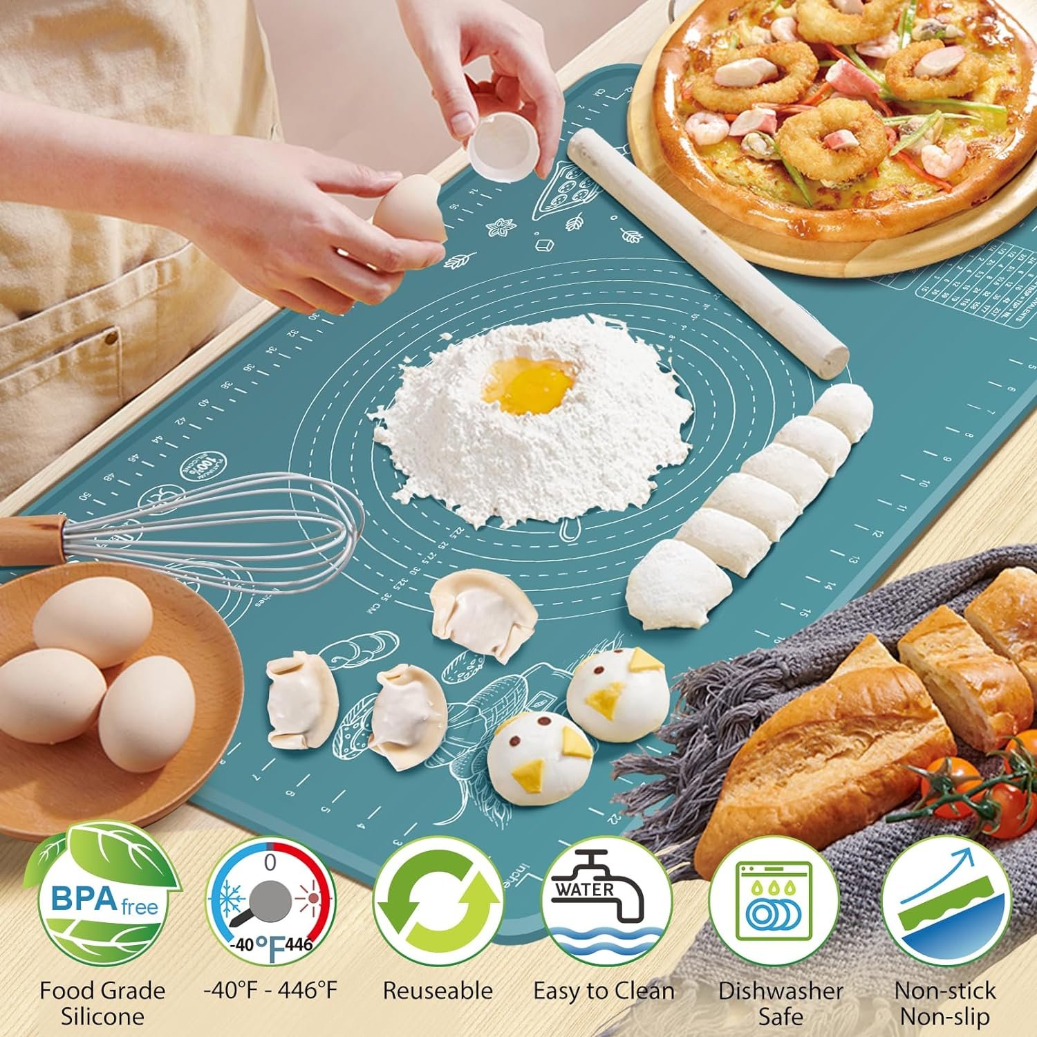 Silicone Pastry Mat Extra Thick Non-stick Baking Mat, 32 x 24 Rolling Dough With Measurements Non-slip Silicone Mat, Kneading Mat, Counter Mat, Dough Mat with Edge Heightening