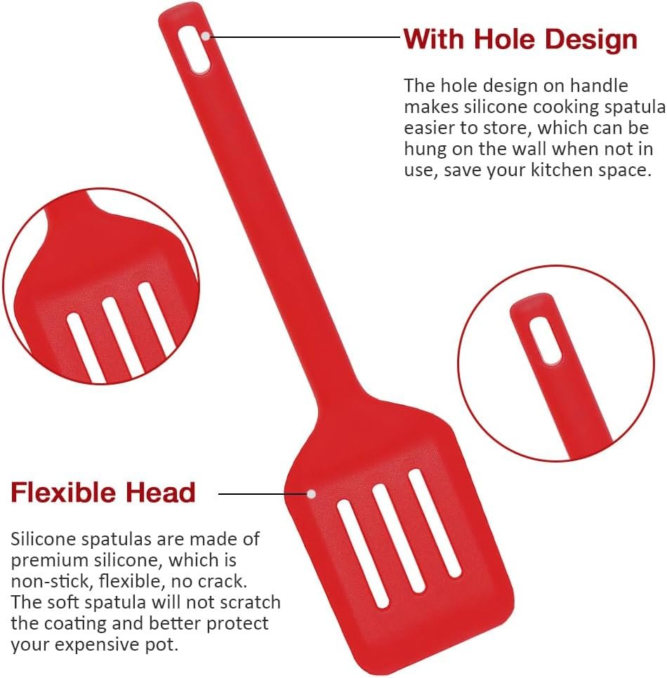 Silicone Spatula Set of 4, Non Stick Pan Silicone Spatula Turner, Silicone Slotted Fish Turner Easy to Clean, Slotted Spatula for Eggs, Pancakes(Red)
