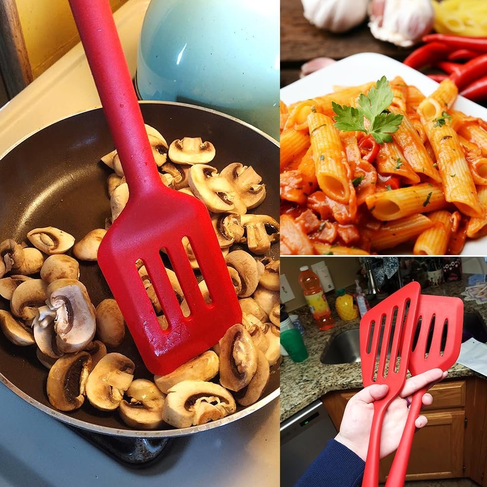 Silicone Spatula Set of 4, Non Stick Pan Silicone Spatula Turner, Silicone Slotted Fish Turner Easy to Clean, Slotted Spatula for Eggs, Pancakes(Red)