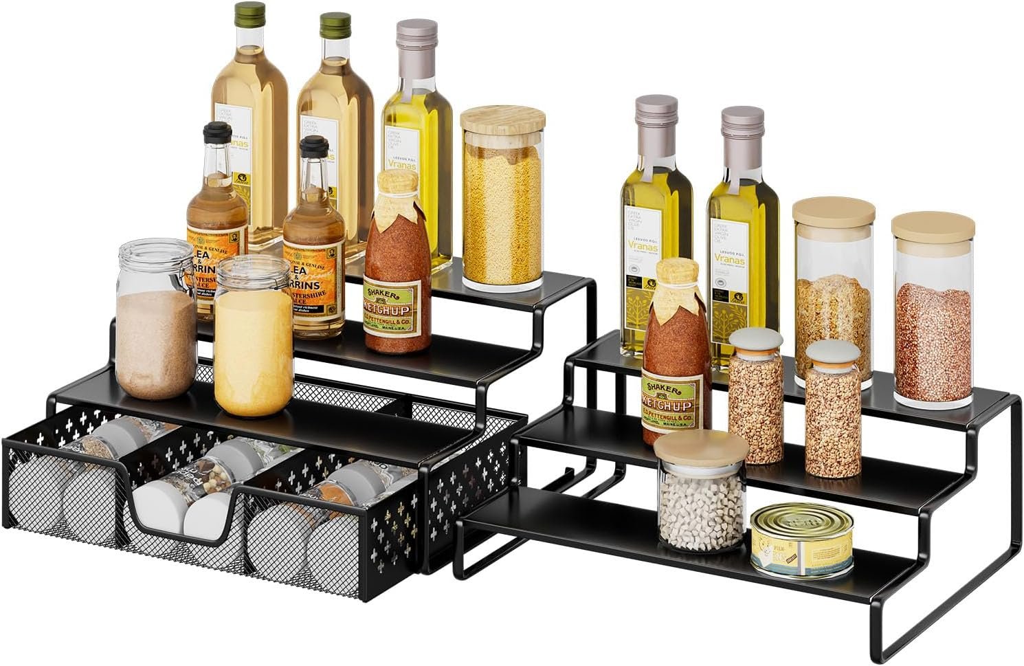 Simple Trending 2 Pack 3 Tier Spice Rack Organizer with Sliding Drawer, Expandable Metal Kitchen Cabinet Storage Display Shelf for Pantry or Countertop, Black