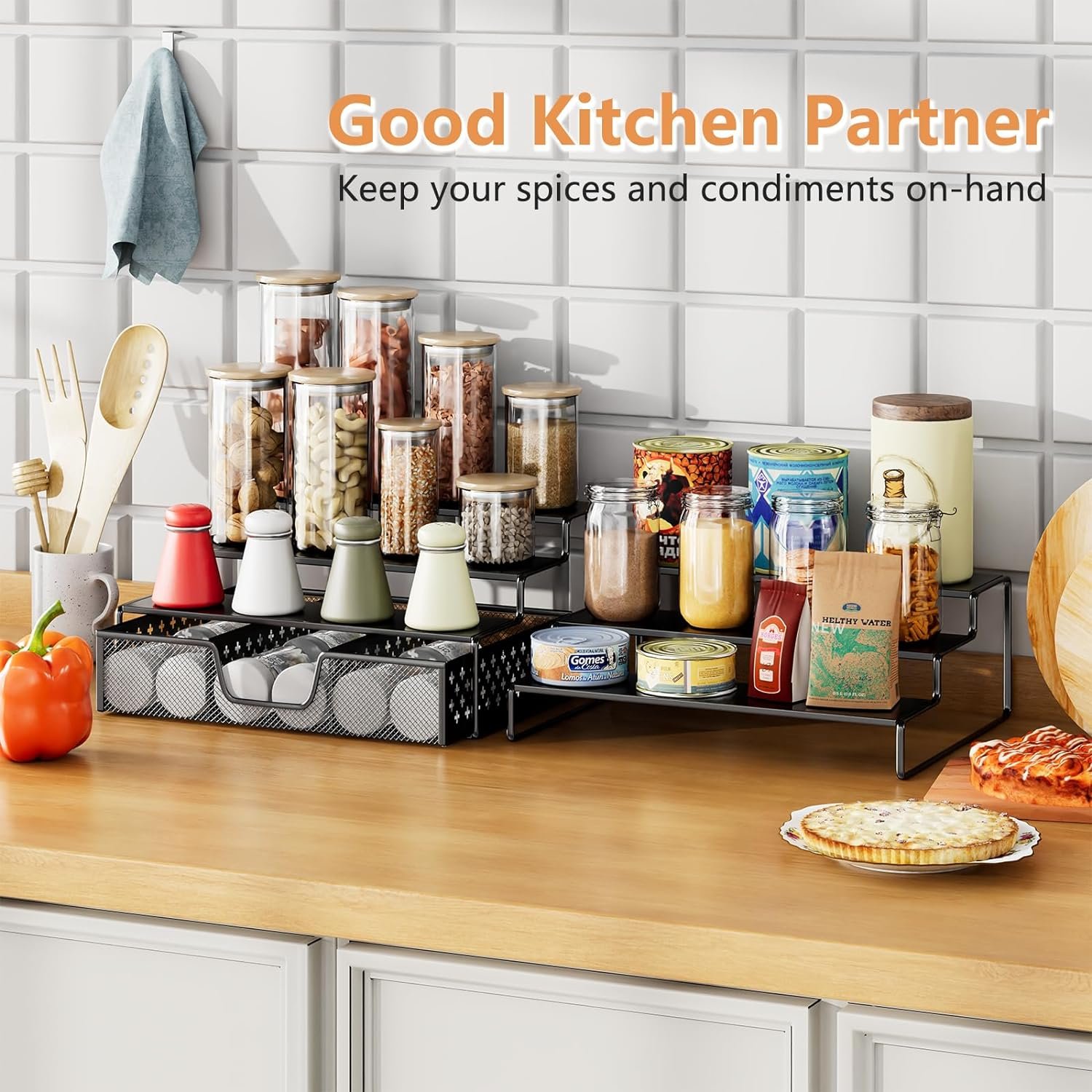 Simple Trending 2 Pack 3 Tier Spice Rack Organizer with Sliding Drawer, Expandable Metal Kitchen Cabinet Storage Display Shelf for Pantry or Countertop, Black