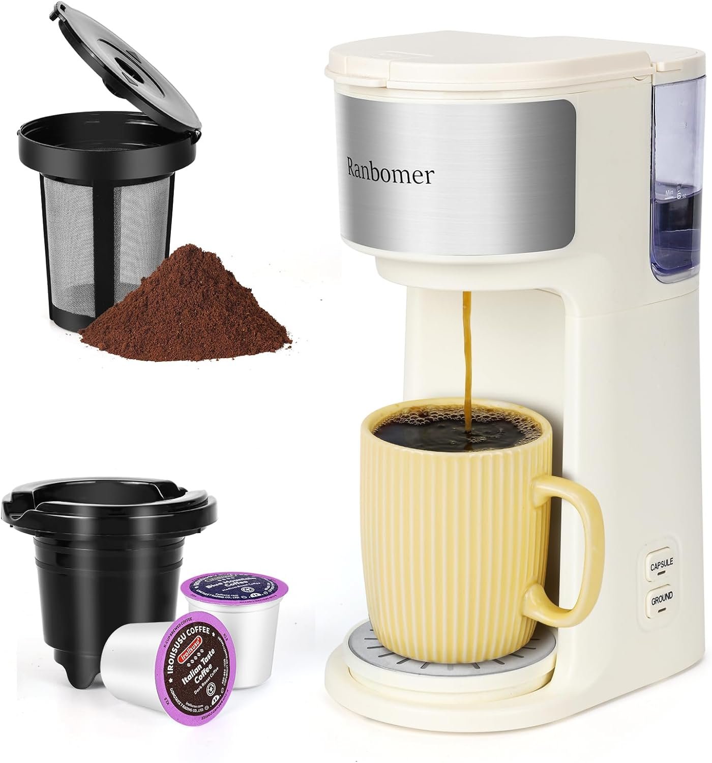 Single Serve Coffee Maker, K Cup and Ground Coffee Machine 2 in 1, 6 to 14 Oz Brew Sizes, Mini One Cup Coffee Maker with Self cleaning Function, Fits Travel Mug, Black Single Serve Coffee Maker, K Cup and Ground Coffee Machine 2 in 1, 6 to 14 Oz Brew Sizes, Mini One Cup Coffee Maker with Self cleaning Function, Fits Travel Mug, Black