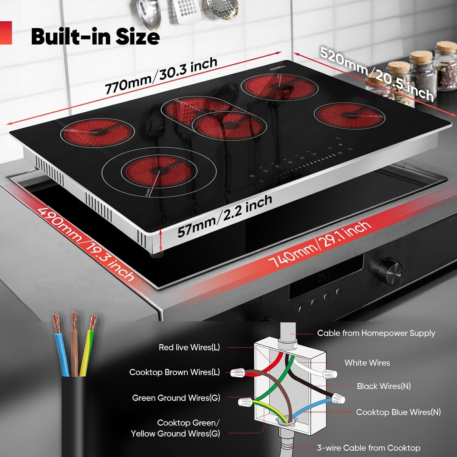 SizzleCook Electric Cooktop 30 Inch 5 Burner, Drop-in Electric Stove Top Burner Ceramic Glass Radiant Cooktop with Protection Metal Frame, Child Safety Lock, Timer,9000W,220V~240V Hard Wire, No Plug
