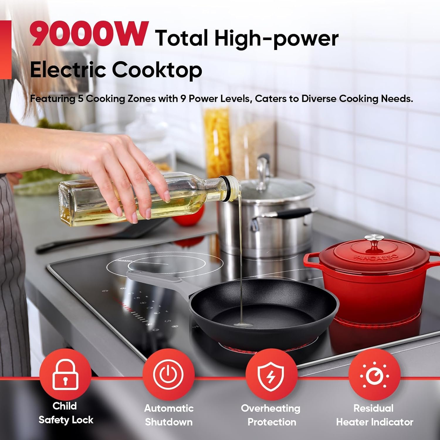 SizzleCook Electric Cooktop 30 Inch 5 Burner, Drop-in Electric Stove Top Burner Ceramic Glass Radiant Cooktop with Protection Metal Frame, Child Safety Lock, Timer,9000W,220V~240V Hard Wire, No Plug