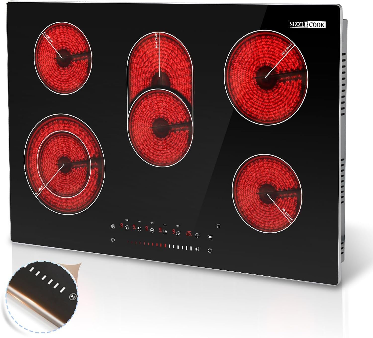 SizzleCook Electric Cooktop 30 Inch 5 Burner, Drop-in Electric Stove Top Burner Ceramic Glass Radiant Cooktop with Protection Metal Frame, Child Safety Lock, Timer,9000W,220V~240V Hard Wire, No Plug