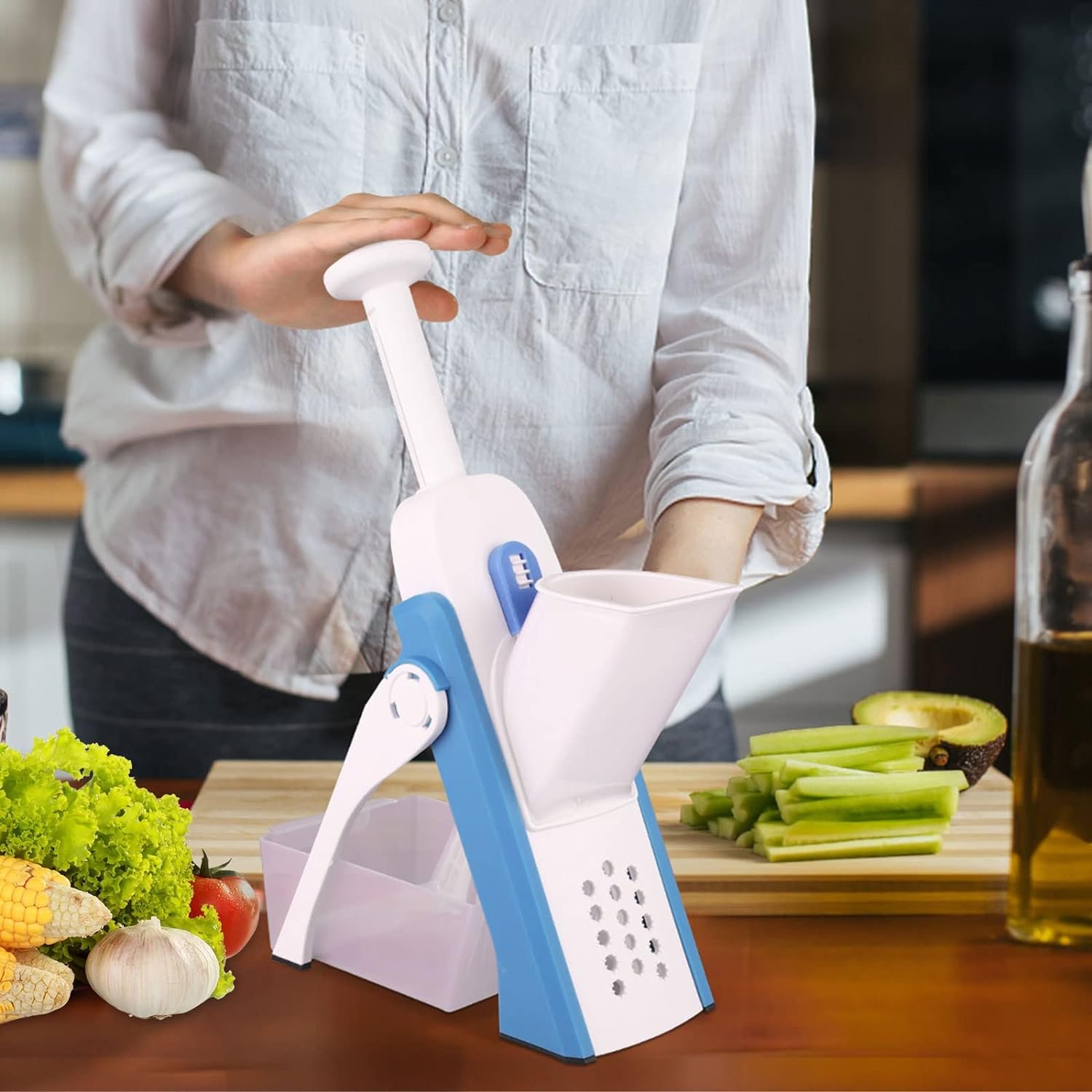 Slicer Safe Mandoline Slicer, Vegetable Slicer, French Fry Slicer, Thickness adjusting Kitchen Slicer, 5 in 1 vegetable slicer (LWQ-BLUE)