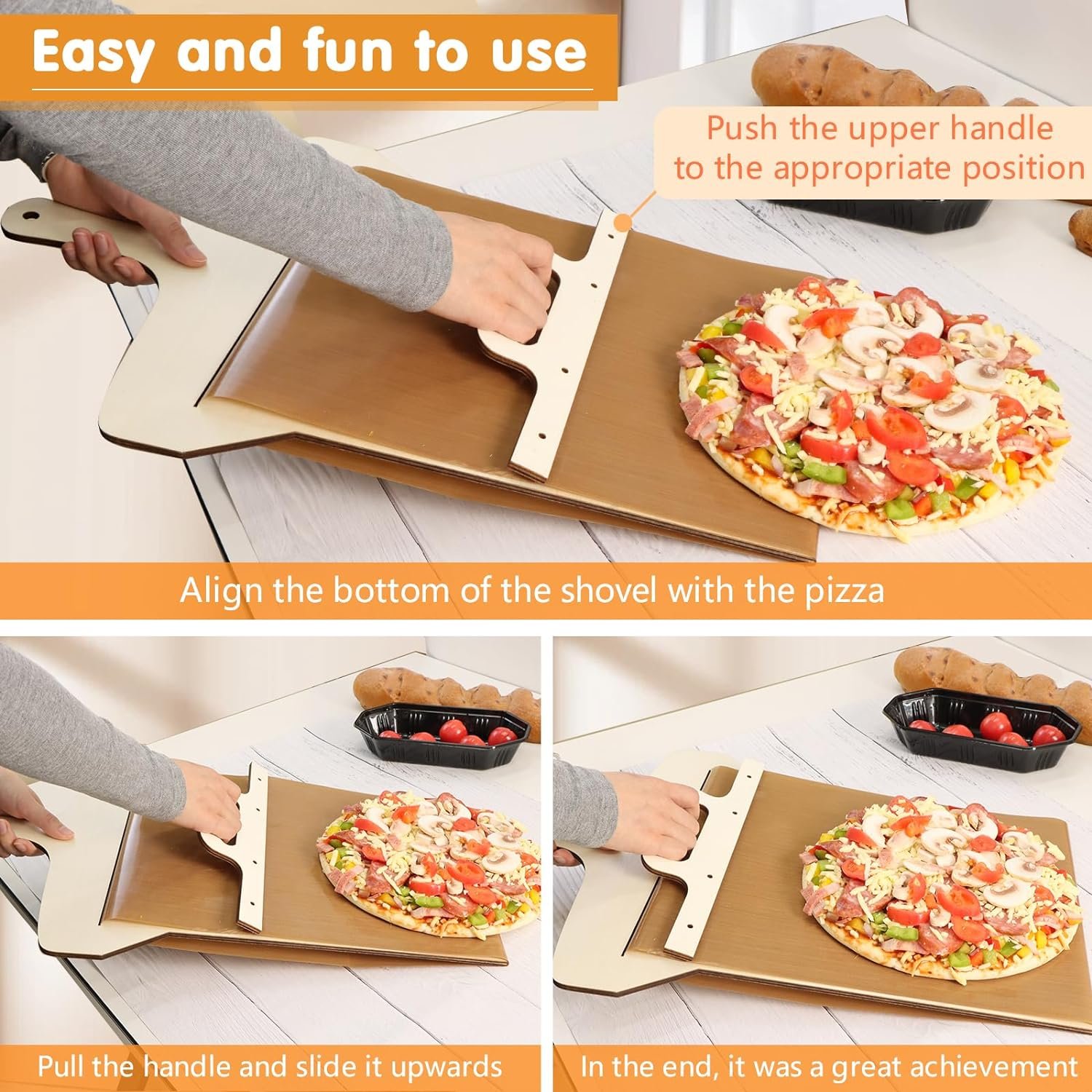 Sliding Pizza Peel, Wooden Pizza Paddle with Smooth Handle for Transfer the Pizza Crust, Pizza Oven Accessories, Non Stick Pizza Peel for Pizza  Bread