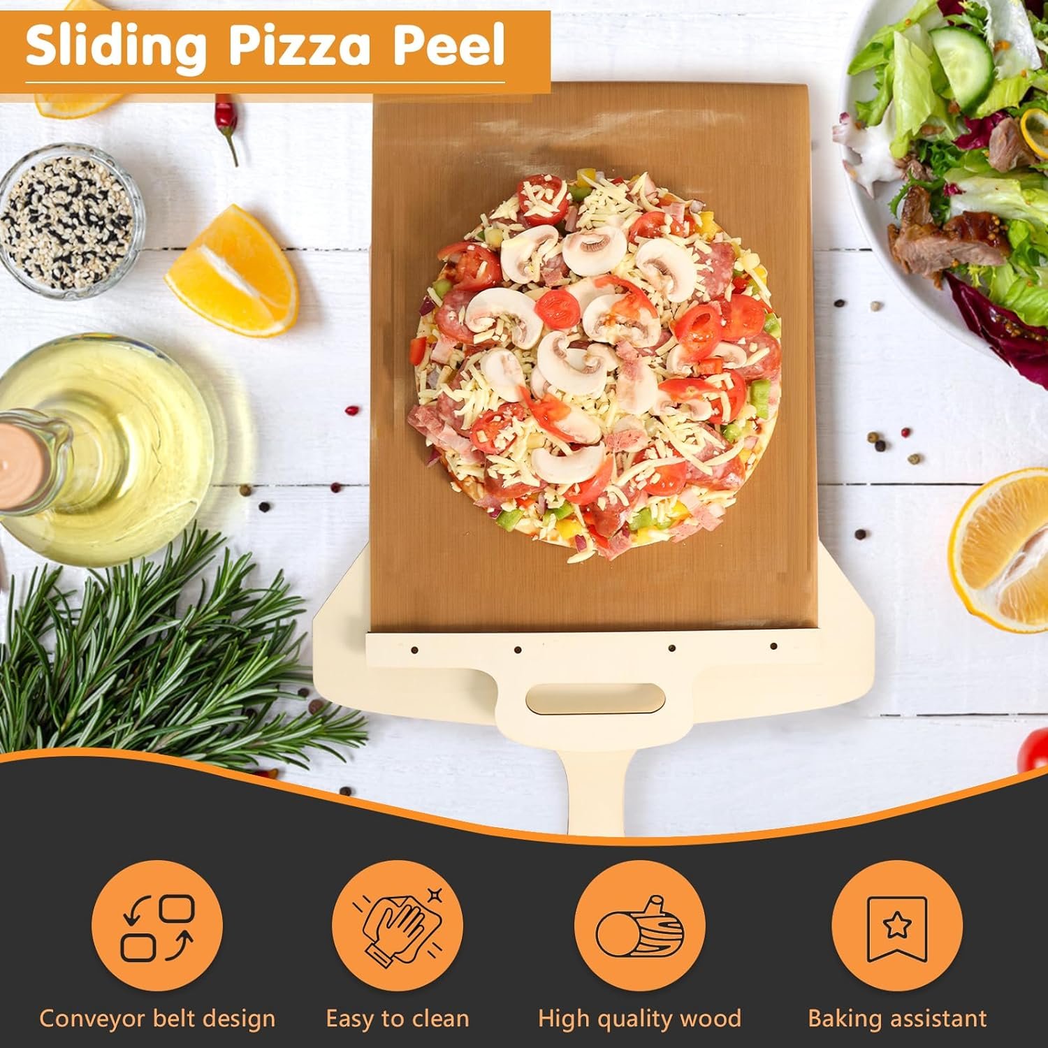 Sliding Pizza Peel, Wooden Pizza Paddle with Smooth Handle for Transfer the Pizza Crust, Pizza Oven Accessories, Non Stick Pizza Peel for Pizza  Bread