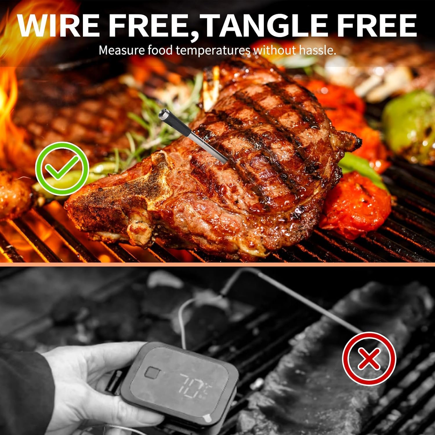 Smart Wireless Meat Thermometer with 493FT Long Wireless Range, Instant Read Digital Food Thermometer, APP Control, Kitchen Thermometer for Roast, Oven, Grill, BBQ, Smoker, Rotisserie (Black)