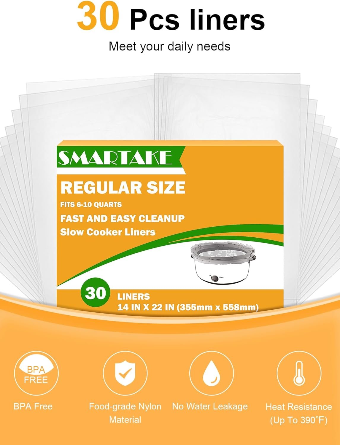 SMARTAKE Slow Cooker Liners, Crockpot Liner 13x 21 Crockpot Liners Disposable Crock Pot Bags, Fit 3QT to 8QT for Slow Cooker, Crockpot, Cooking Trays, Suitable for Oval  Round Pots, 30 Liners SMARTAKE Slow Cooker Liners, Crockpot Liner 13x 21 Crockpot Liners Disposable Crock Pot Bags, Fit 3QT to 8QT for Slow Cooker, Crockpot, Cooking Trays, Suitable for Oval  Round Pots, 30 Liners