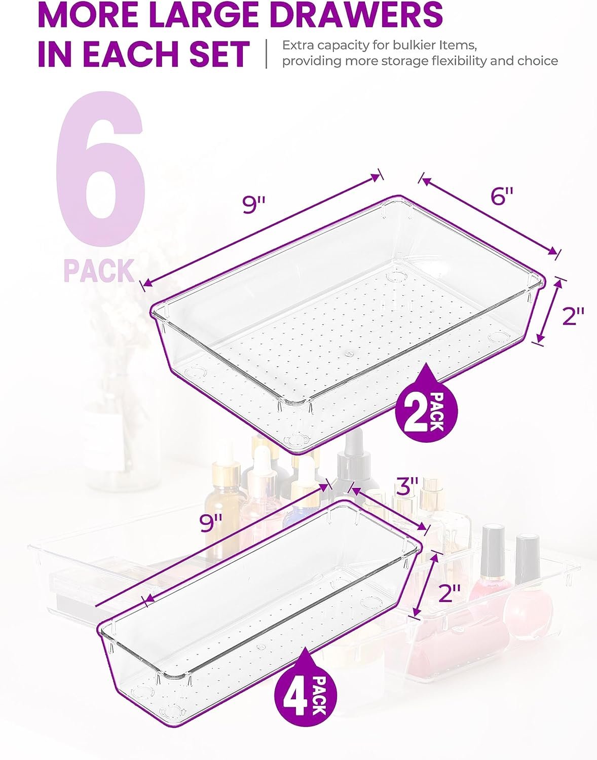 Smartor 9 PCS Clear Plastic Drawer Organizers, Versatile Desk Drawer Storage Trays, Drawer Organizers for Makeup, Desk, Kitchen, Bathroom, Office, Storage Bins for Drawers with Non-Slip Pads