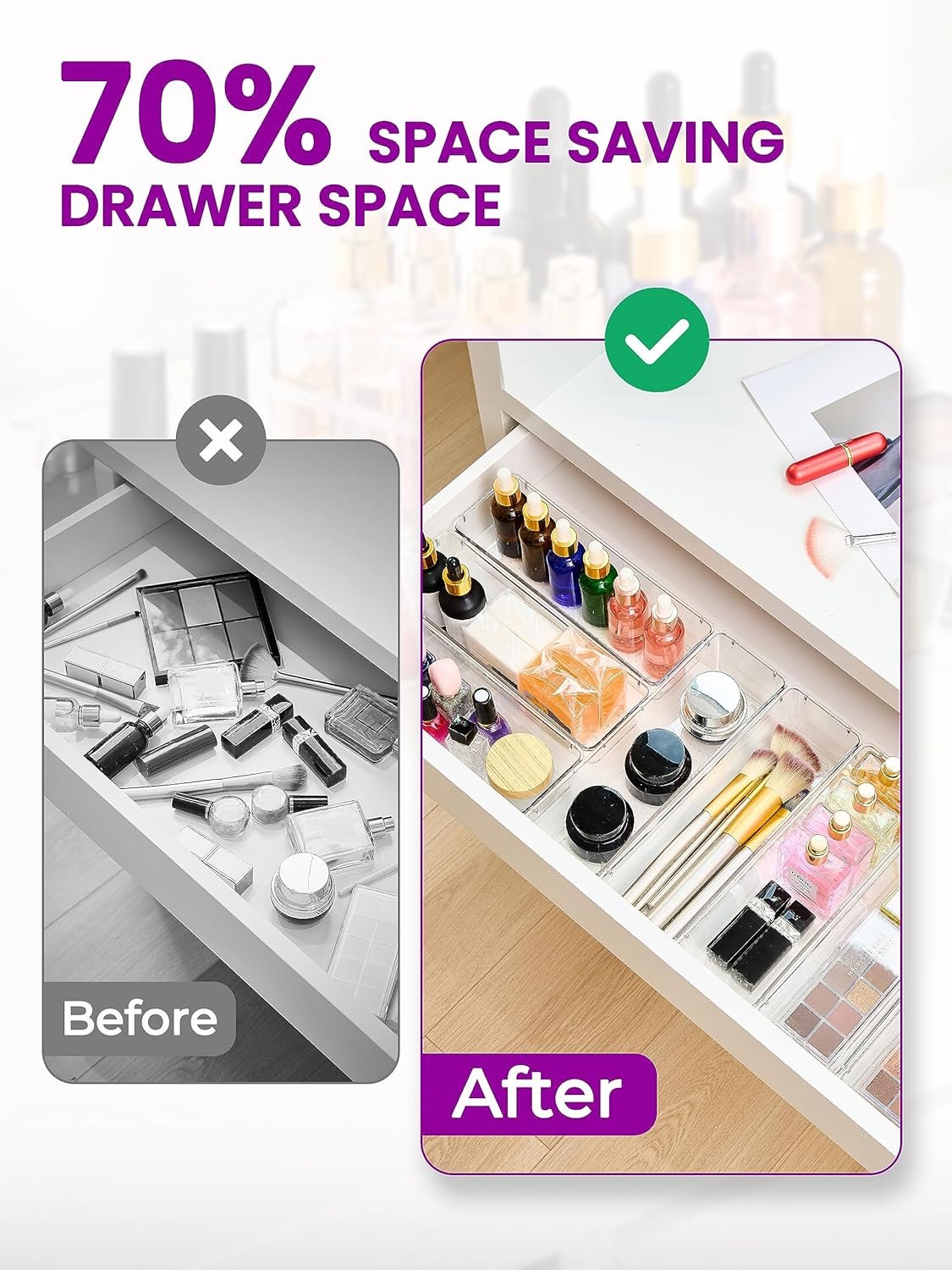 Smartor 9 PCS Clear Plastic Drawer Organizers, Versatile Desk Drawer Storage Trays, Drawer Organizers for Makeup, Desk, Kitchen, Bathroom, Office, Storage Bins for Drawers with Non-Slip Pads