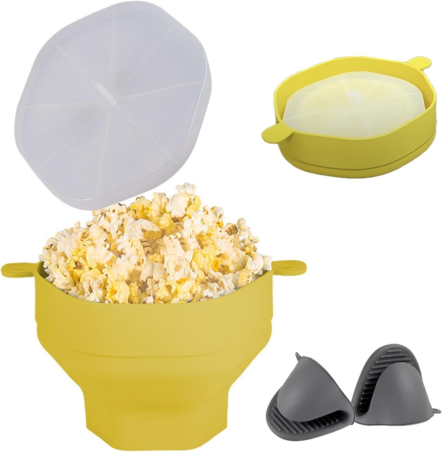 Solicone Popcorn Popper with Lid Microwave Popcorn Popper Collapsible Bowl with Handle Yellow for Home Kitchen Dishwasher Safe 2Gloves