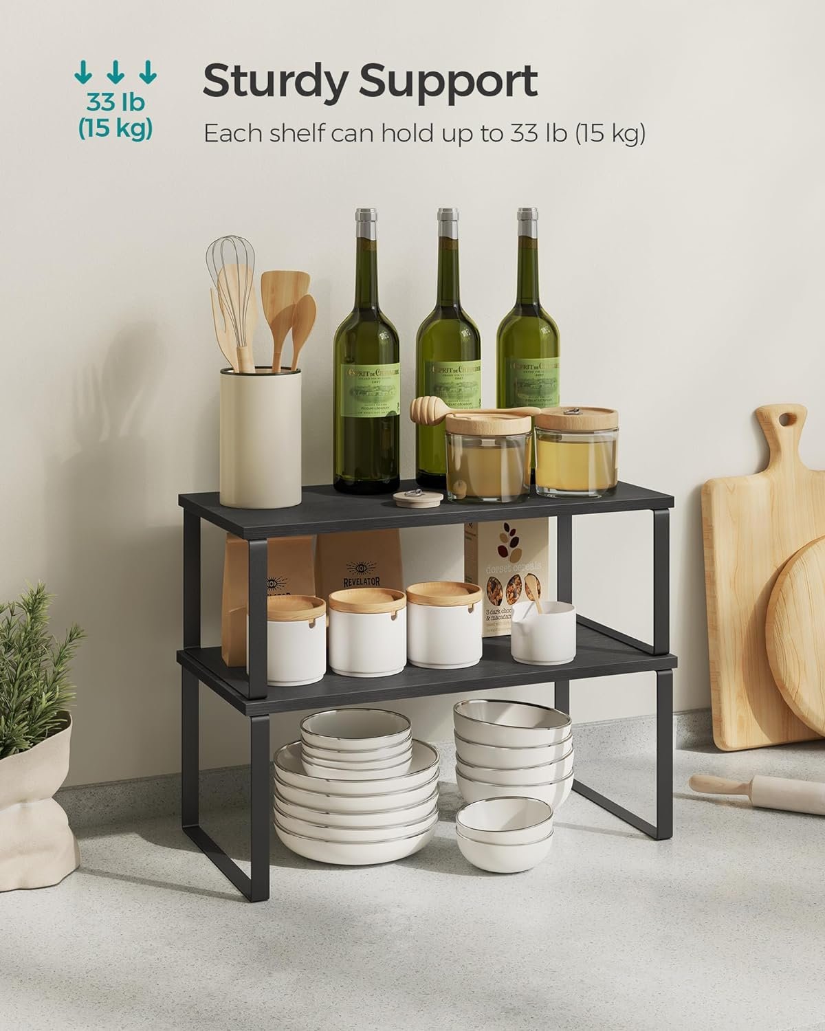 SONGMICS Cabinet Organizer Shelf, Set of 4 Kitchen Counter Shelves, Kitchen Storage, Spice Rack, Stackable, Expandable, Metal and Engineered Wood, Cloud White and Natural Beige UKCS210W01