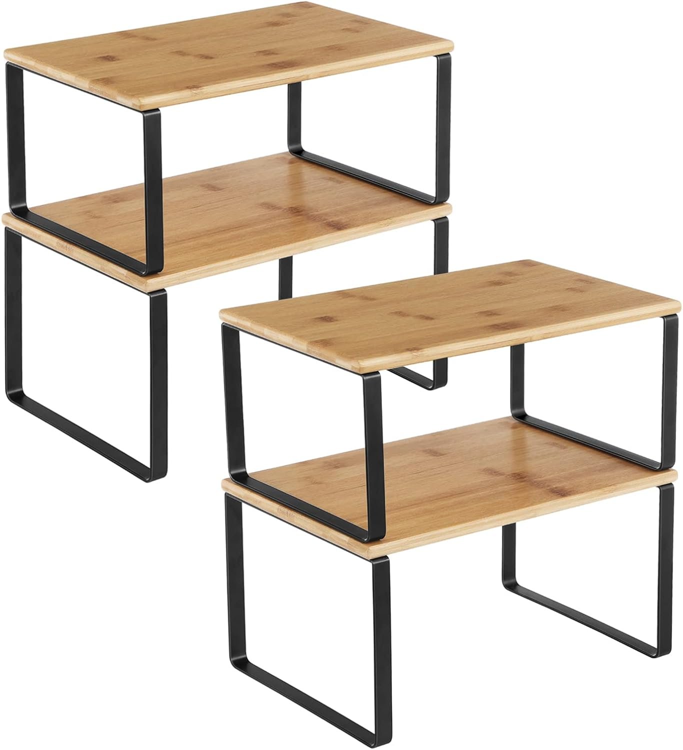 SONGMICS Cabinet Organizer Shelf, Set of 4 Kitchen Counter Shelves, Kitchen Storage, Spice Rack, Stackable, Expandable, Metal and Engineered Wood, Cloud White and Natural Beige UKCS210W01