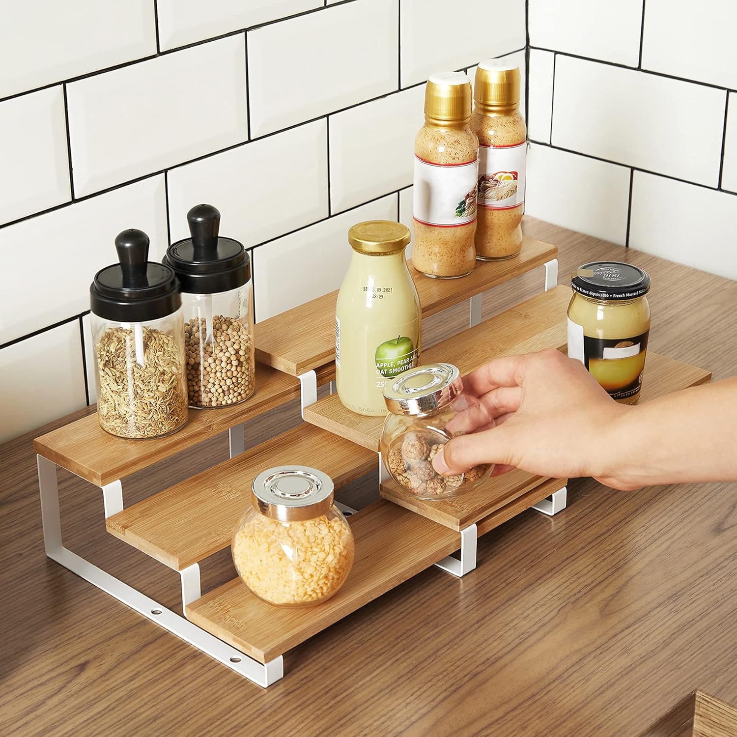 SONGMICS Spice Rack, Set of 2 Bamboo Expandable Display Shelf, 3 Tier Spice organization for cabinet, Tiered shelf organizer for Pantry, Cupboard, Countertop, Stability, Natural and White UKCS016N02