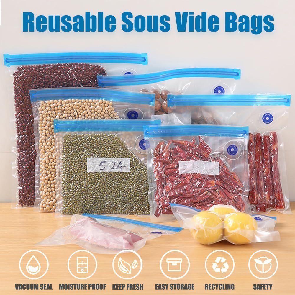 Sous Vide Bags,20pcs Reusable Vacuum Sealer Bags Kit,15 Mixed Sizes BPA Free Zipper Bags for Food,4 Sealing Clips,1 Hand Pump for Food Storage and Sous Vide Cooking