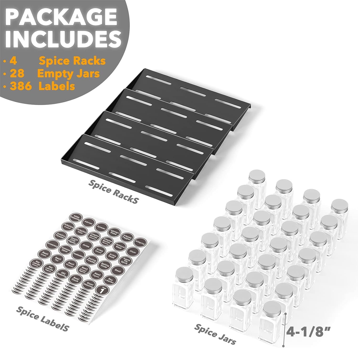 SpaceAid Spice Drawer Organizer with 28 Spice Jars, 386 Spice Labels, 4 Tier Seasoning Rack Tray Insert for Kitchen Drawers, 13 Wide x 17.5 Deep