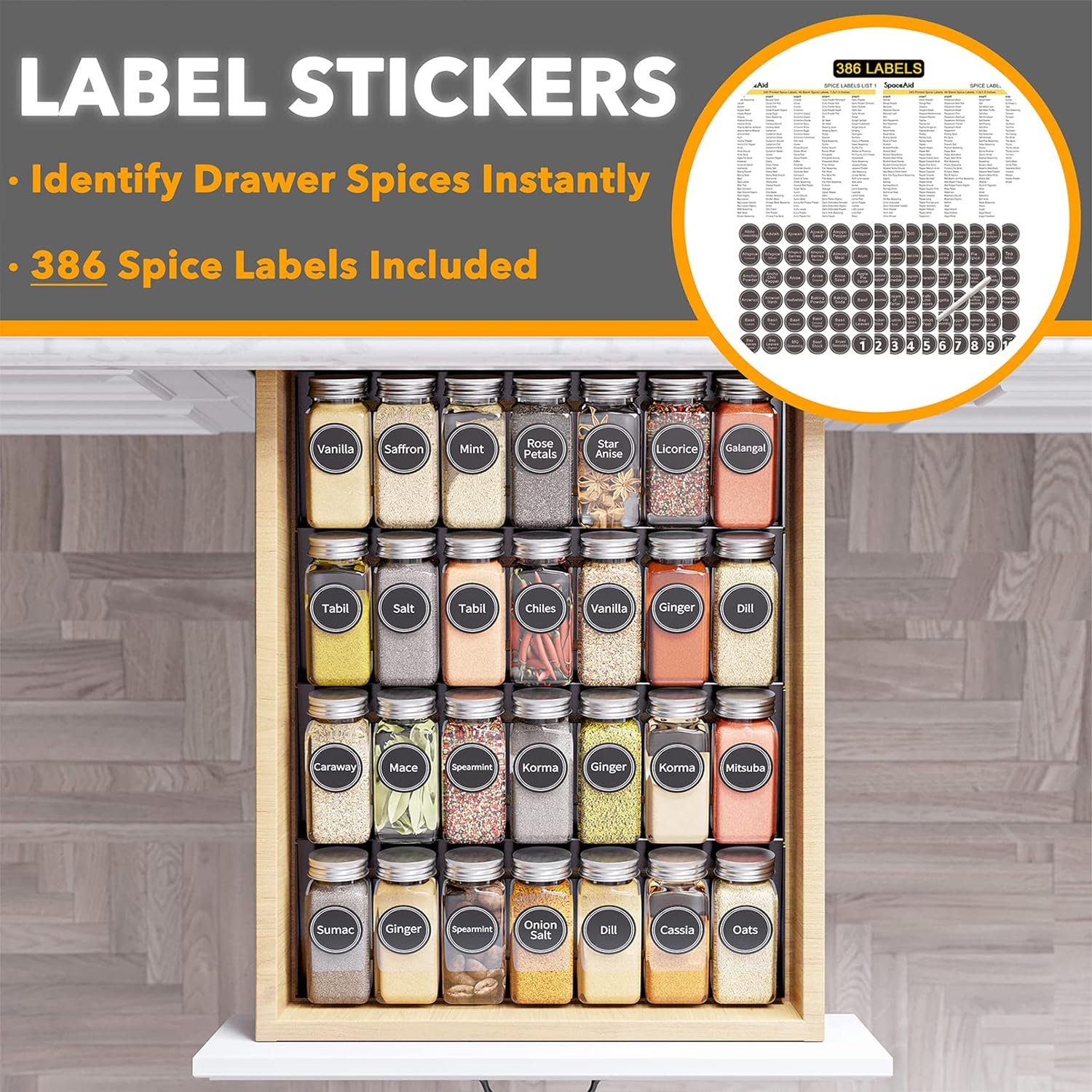 SpaceAid Spice Drawer Organizer with 28 Spice Jars, 386 Spice Labels, 4 Tier Seasoning Rack Tray Insert for Kitchen Drawers, 13 Wide x 17.5 Deep