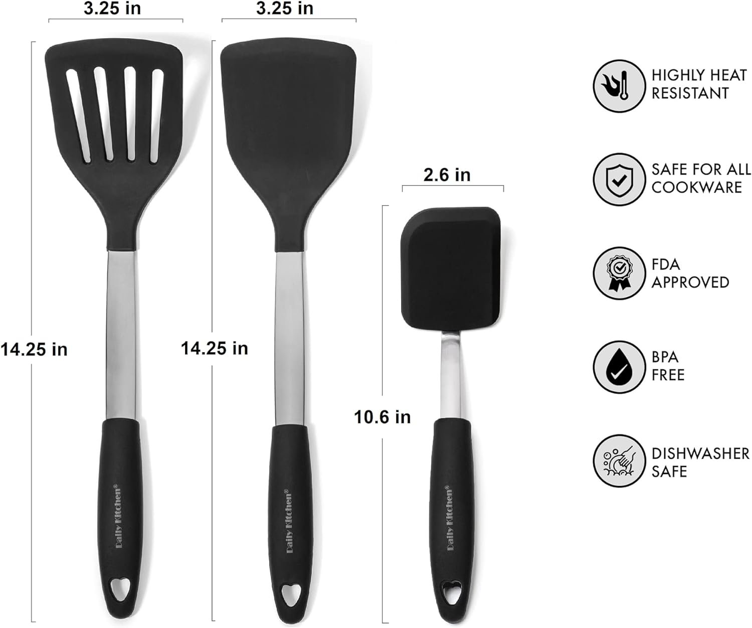 Spatula Set Heat Resistant Silicone and Stainless Steel - Turner Spatulas Rubber Grip - Flexible Silicone Spatulas for Cooking and Grilling - Pancake Turners, Egg Flippers - 3-Piece Set