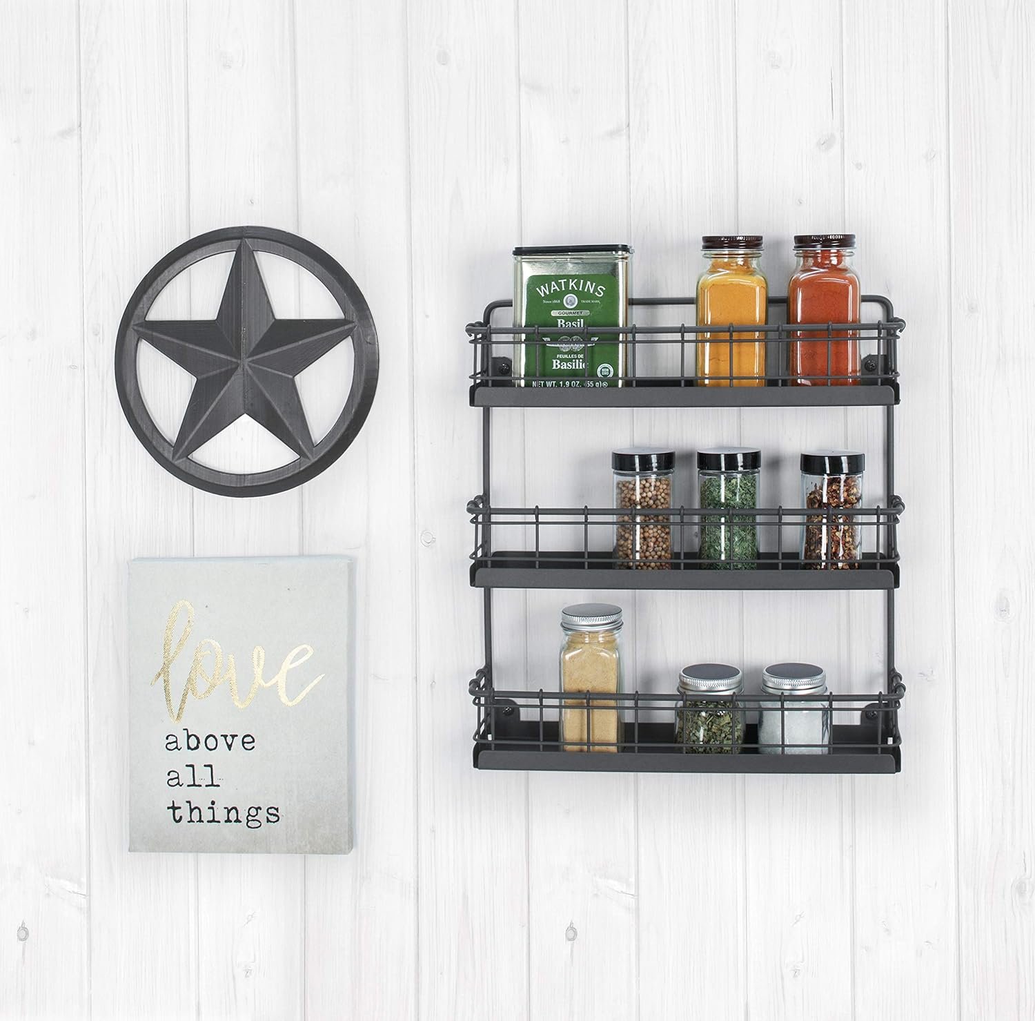 Spectrum Diversified Storage for Kitchen, Pantry, Cabinet, Industrial Gray Spectrum Vintage Wall-Mount 3-Tier Spice Rack, Large