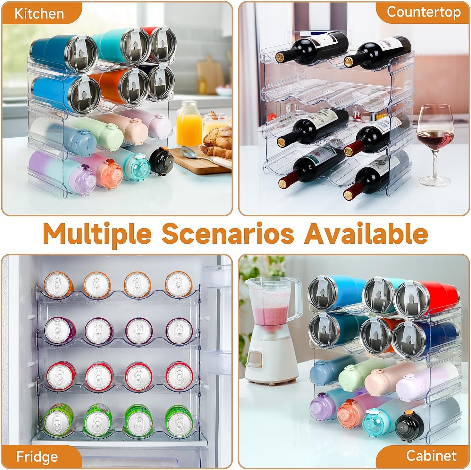 Stackable Water Bottle Organizer, SPOSPO Large Compartment Water Bottle Holder, 2 Tier Clear Water Bottle Organizer for Cabinet, Water Bottle Rack for Kitchen Organization and Storage - Hold 8 Bottles