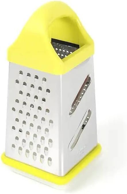Stainless Steel Box Cheese Grater, 4-Sided XL Cheese and Vegetable Grater, Slice, Shred, Grate Vegetables, Ginger, Potatoes, Handheld Food Shredder, Zester Grater, Includes Container with Lid (Yellow)