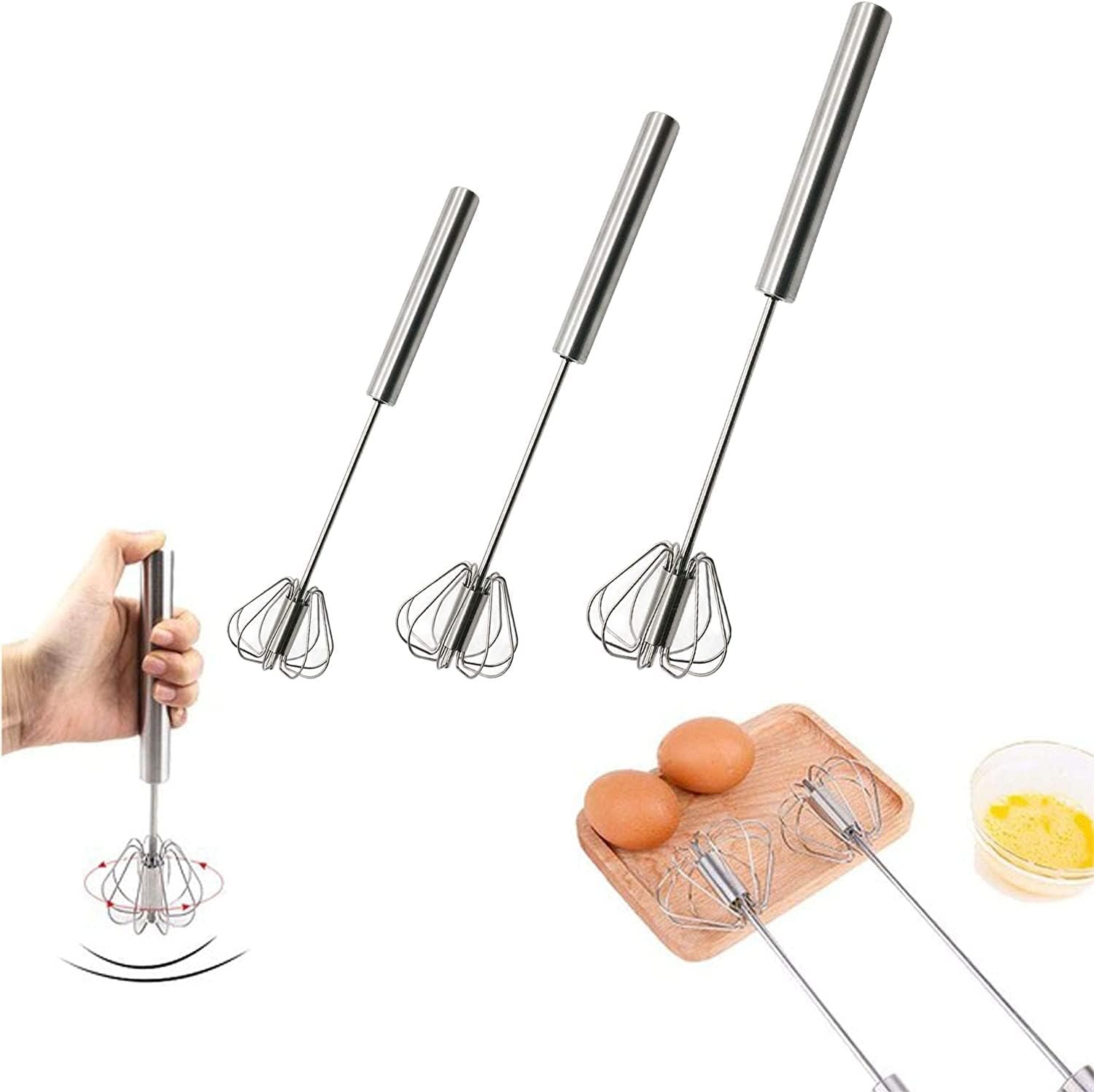 Stainless Steel Semi-automatic Egg Whisk - 3PCS Hand Push Rotary Whisk Blender