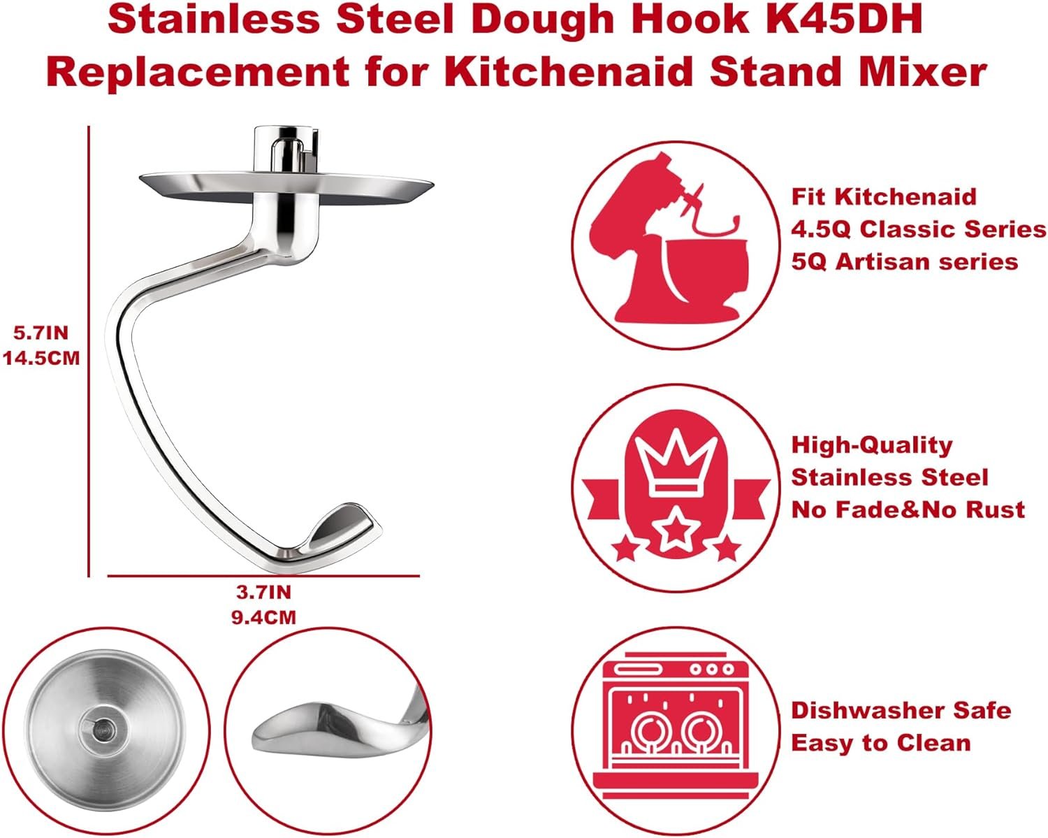 Stainless Steel Spiral Dough Hook for Kitchenaid Tilt-head Stand Mixer,Dishwasher Safe Dough Hook Attachment for Stand Mixer4.5-5Q,No Coated Accessories, Efficient Kneading for Bread,Pasta,Pizza