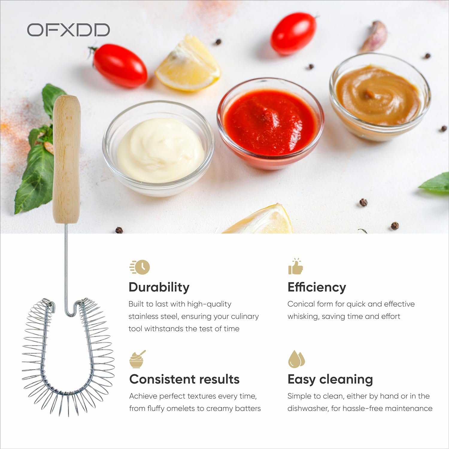Stainless Steel Spiral Wire Whisk - Heavy Duty Coil Sauce  Gravy Whipper - Wooden Handheld Egg Whisks