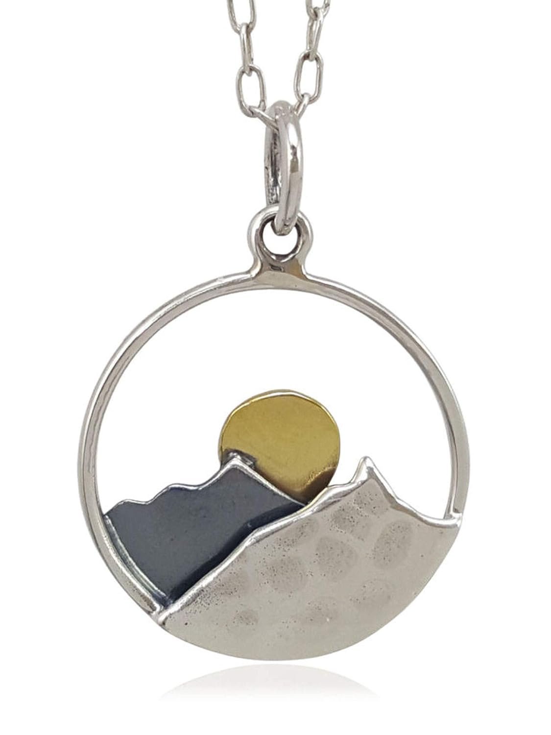 Sterling Silver and Bronze Mountain Range with Sun Charm Necklace, 18 Sterling Silver and Bronze Mountain Range with Sun Charm Necklace, 18