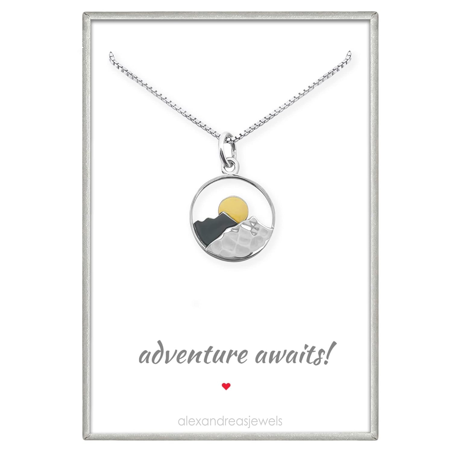 Sterling Silver Mountain Range and Bronze Sun Necklace, Mountain Necklace for Women, Travel Necklace, Outdoors Necklace (16 inches + 2-inch extender) Sterling Silver Mountain Range and Bronze Sun Necklace, Mountain Necklace for Women, Travel Necklace, Outdoors Necklace (16 inches + 2-inch extender)