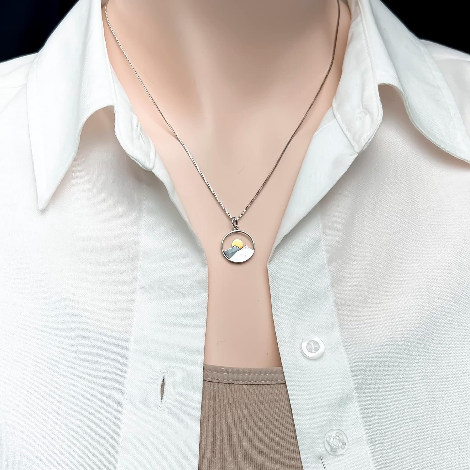 Sterling Silver Mountain Range and Bronze Sun Necklace, Mountain Necklace for Women, Travel Necklace, Outdoors Necklace (16 inches + 2-inch extender) Sterling Silver Mountain Range and Bronze Sun Necklace, Mountain Necklace for Women, Travel Necklace, Outdoors Necklace (16 inches + 2-inch extender)