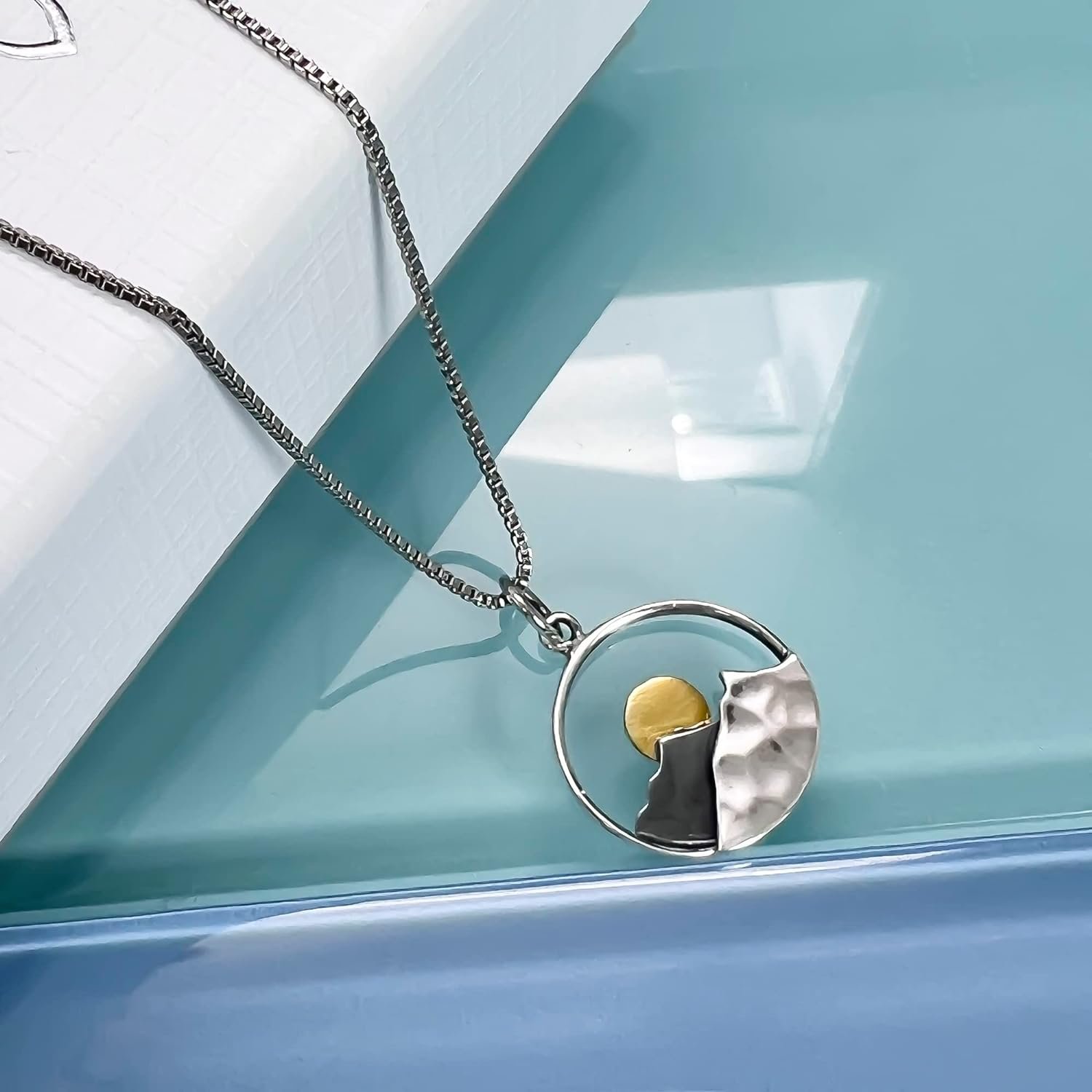 Sterling Silver Mountain Range and Bronze Sun Necklace, Mountain Necklace for Women, Travel Necklace, Outdoors Necklace (16 inches + 2-inch extender) Sterling Silver Mountain Range and Bronze Sun Necklace, Mountain Necklace for Women, Travel Necklace, Outdoors Necklace (16 inches + 2-inch extender)