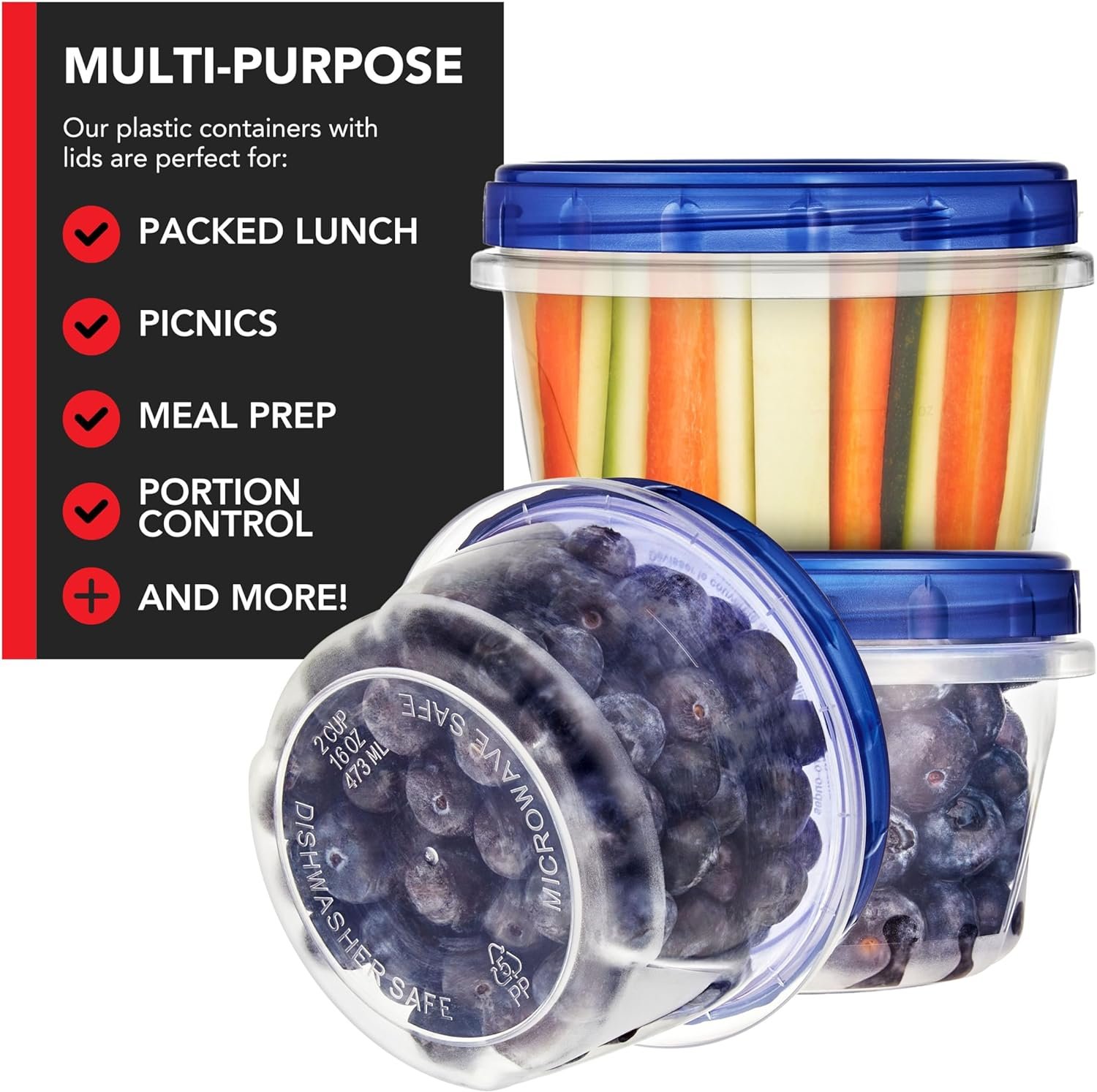 Stock Your Home 16oz Plastic Containers with Twist Top Lids (10 Pack), 2 Cup Freezer Containers with Lids for Leftover Food, Airtight Reusable Soup Containers with Lids, Microwave and Dishwasher Safe