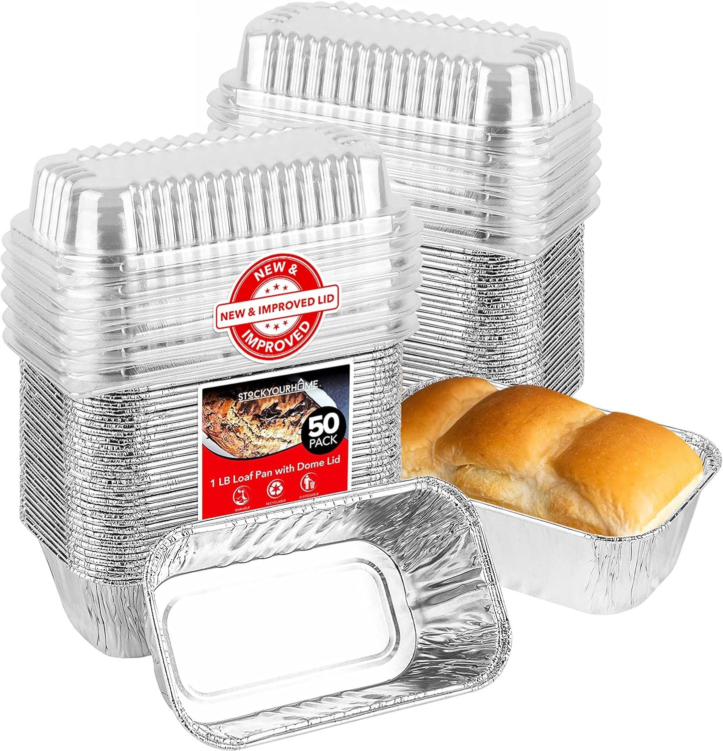 Stock Your Home Disposable Aluminum Mini Loaf Pans with Lids, 1 lb (30 Pack) New  Improved Plastic Dome Lid Foil Baking Tins, Tin Pans for Cake, Bread, Holiday Baked Goods Packaging