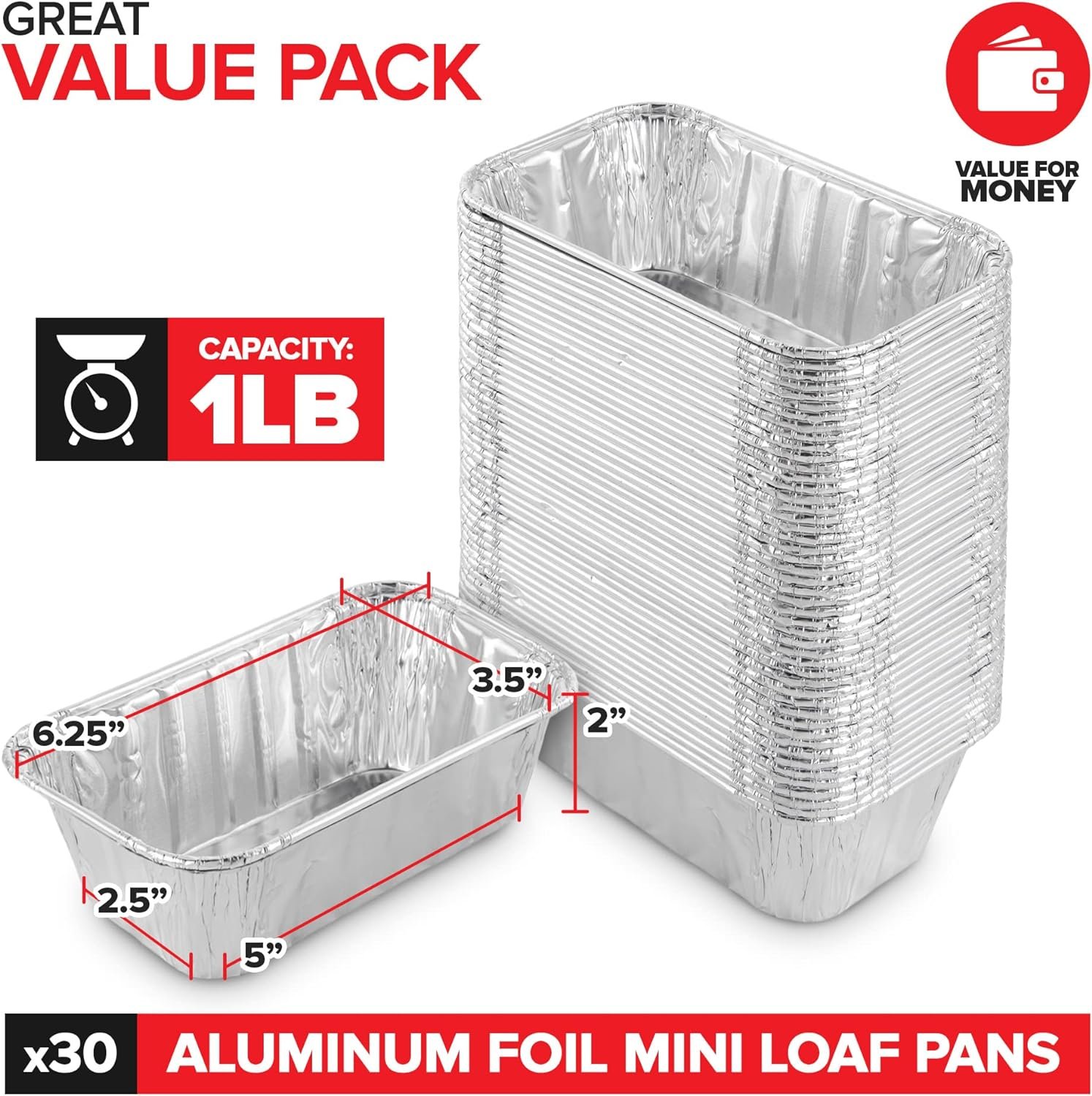 Stock Your Home Disposable Aluminum Mini Loaf Pans with Lids, 1 lb (30 Pack) New  Improved Plastic Dome Lid Foil Baking Tins, Tin Pans for Cake, Bread, Holiday Baked Goods Packaging