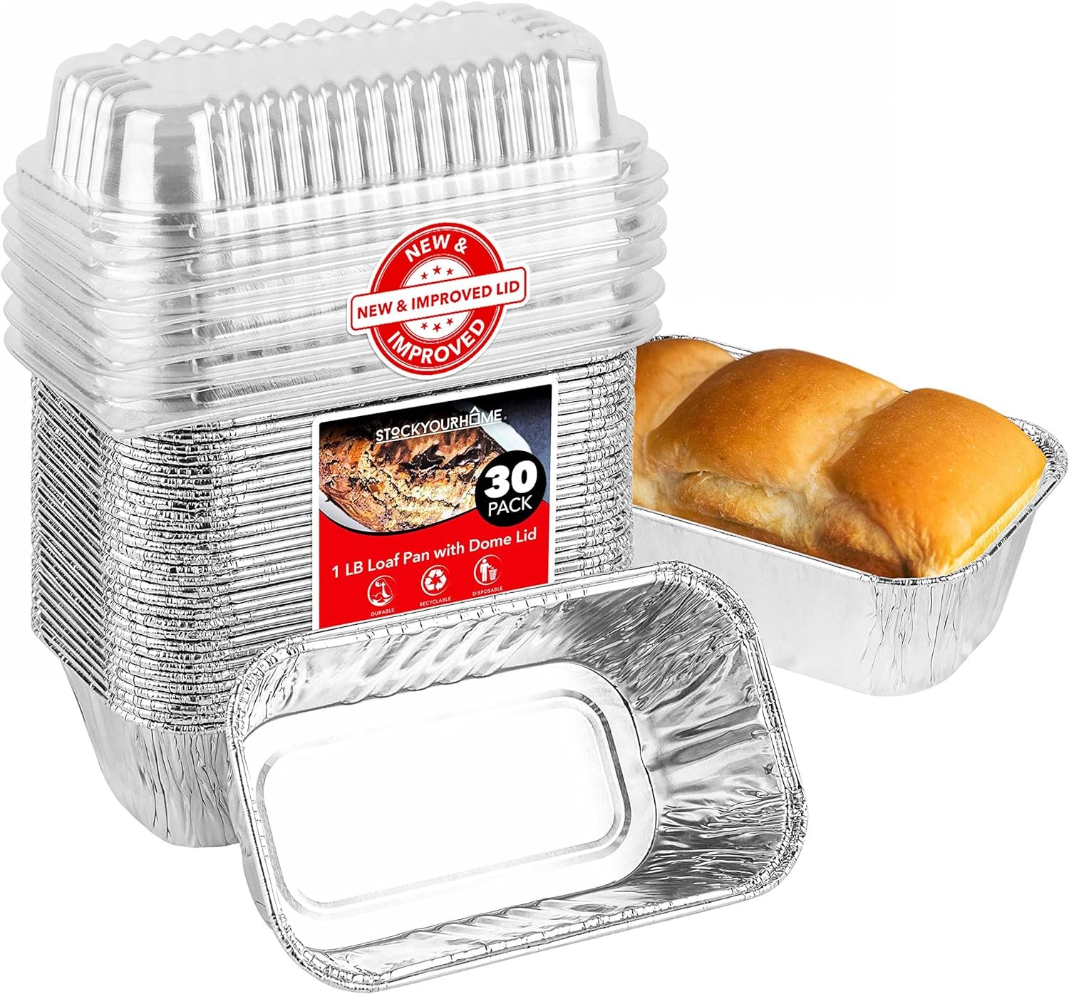 Stock Your Home Disposable Aluminum Mini Loaf Pans with Lids, 1 lb (30 Pack) New  Improved Plastic Dome Lid Foil Baking Tins, Tin Pans for Cake, Bread, Holiday Baked Goods Packaging