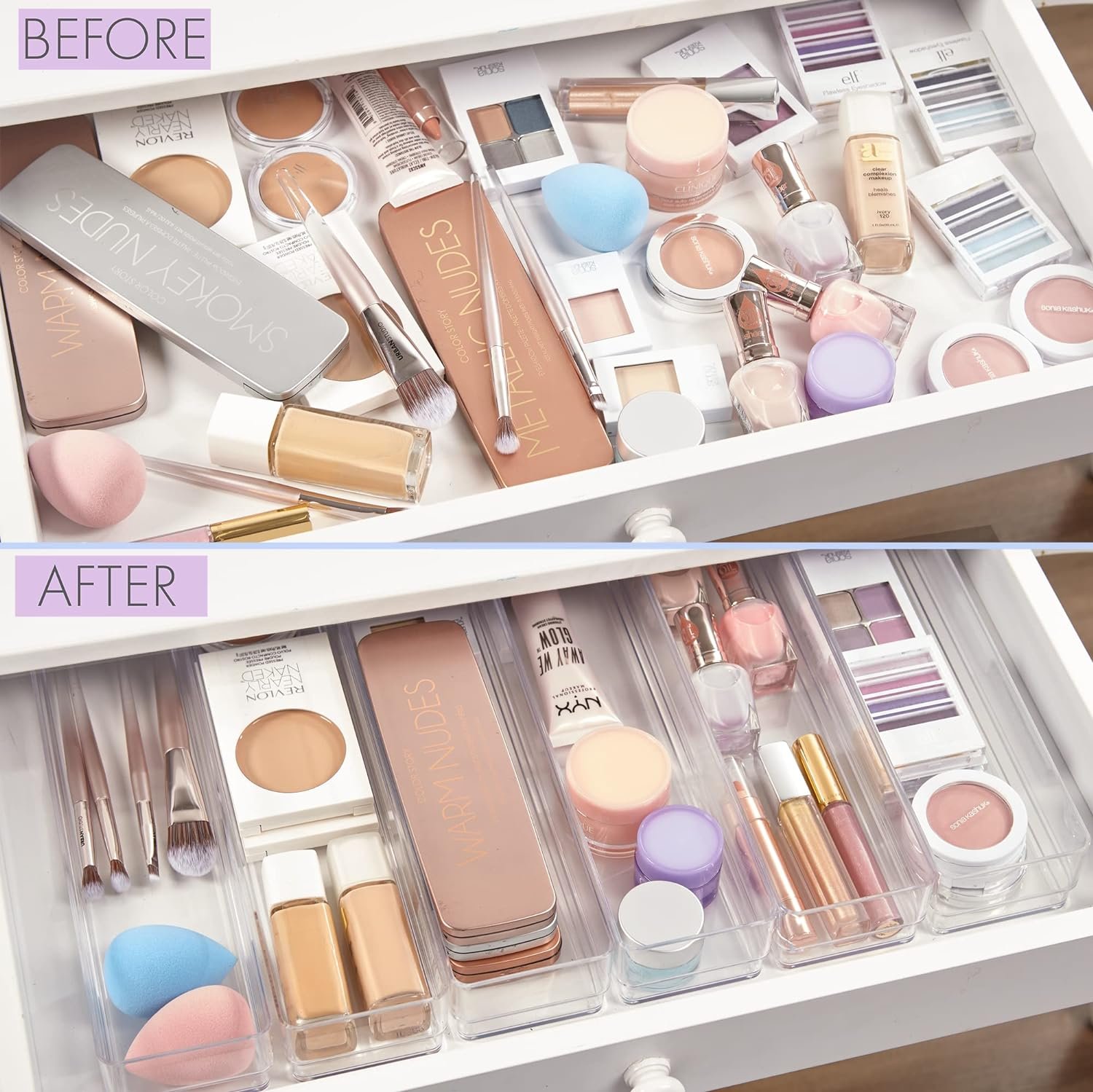 STORi SimpleSort 6-Piece Stackable Clear Drawer Organizer Set | 3 x 3 x 2 Square Trays | Small Makeup Vanity Storage Bins and Office Desk Drawer Dividers | Made in USA STORi SimpleSort 6-Piece Stackable Clear Drawer Organizer Set | 3 x 3 x 2 Square Trays | Small Makeup Vanity Storage Bins and Office Desk Drawer Dividers | Made in USA