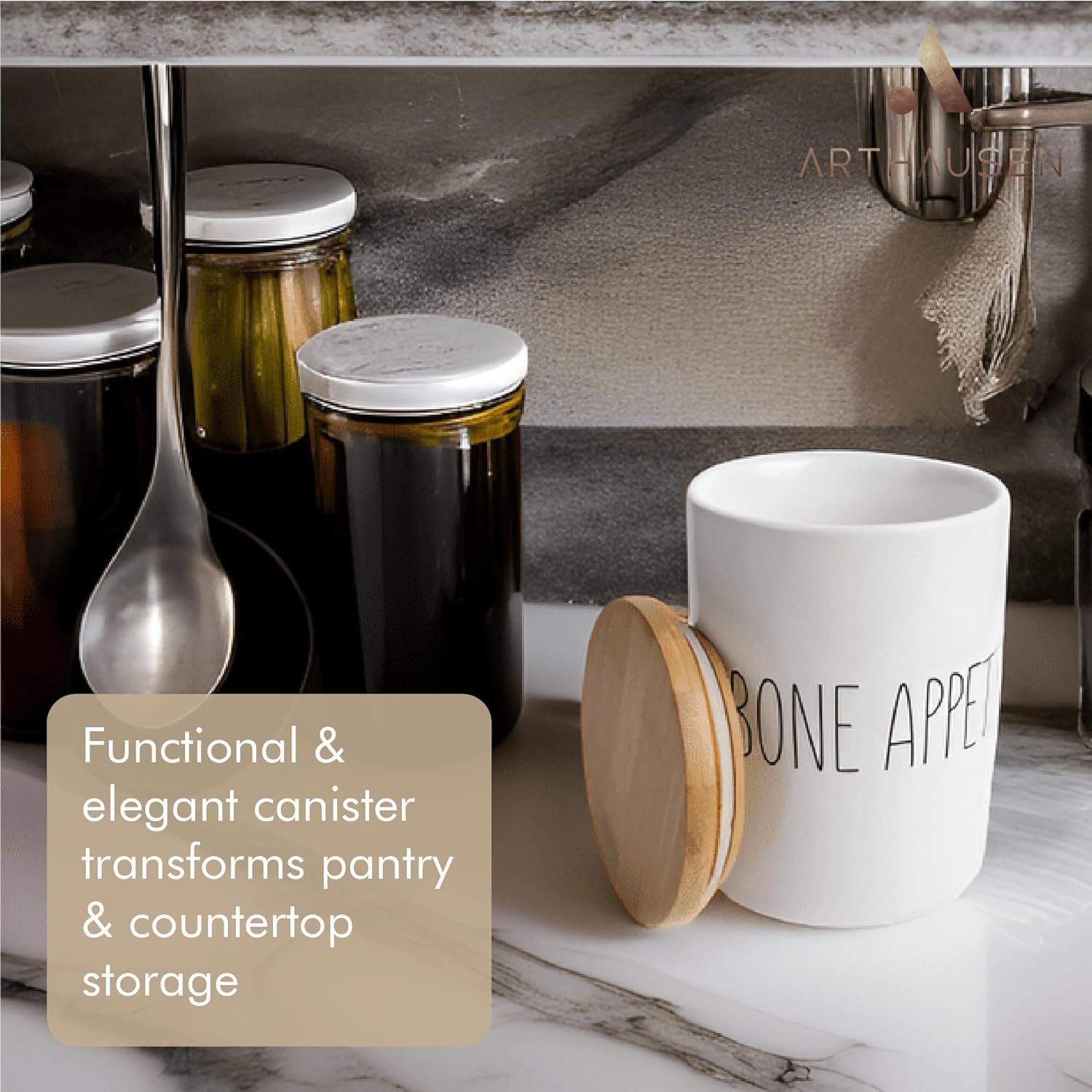 Sugar Ceramic 1080mL 4 cup Food Storage Jar Canister with Airtight Bamboo Lid and Bamboo Spoon, Modern Farmhouse Design Container for Counter - White  Brown Sugar, Cookies, Snacks, Treats