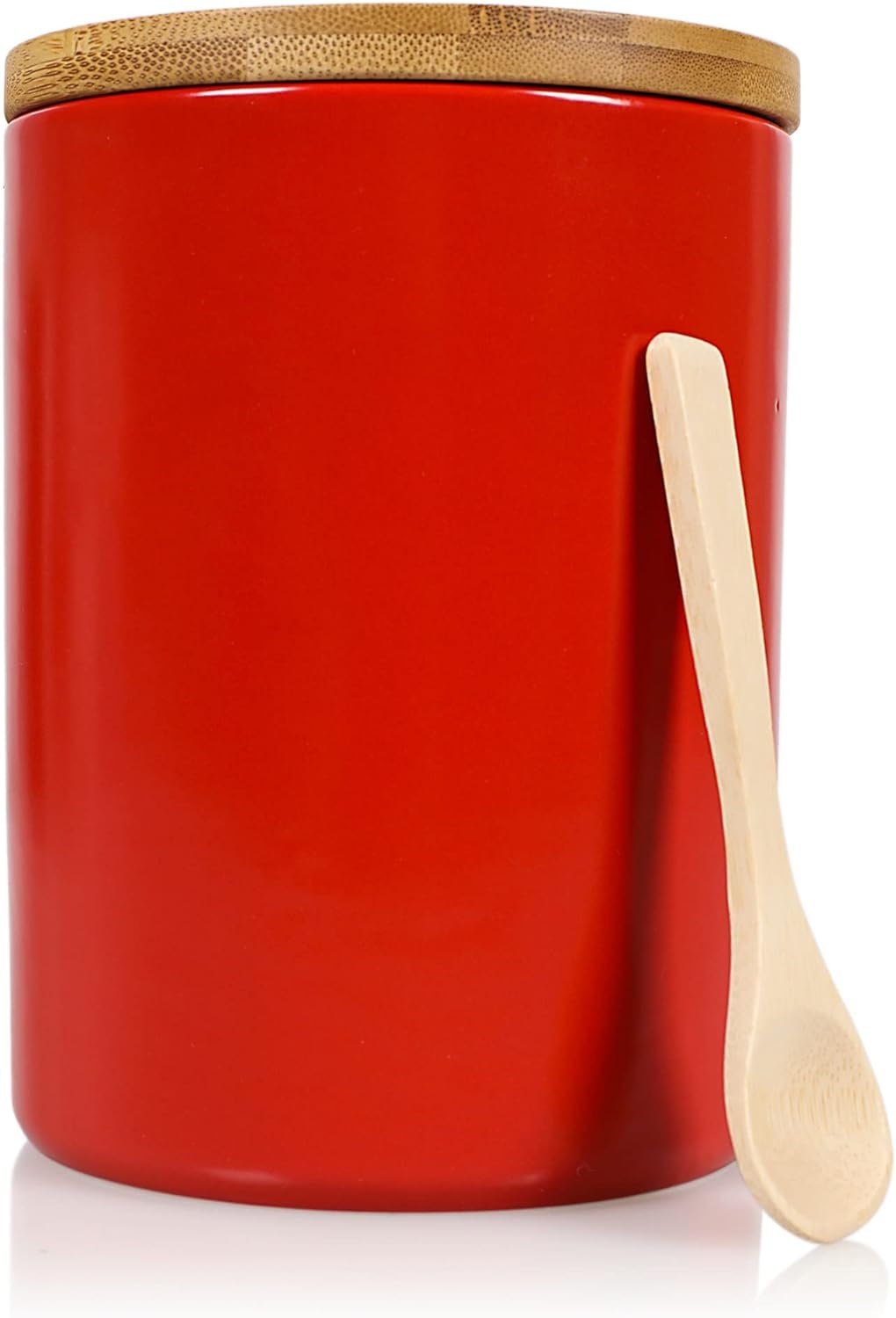 Sugar Ceramic 1080mL 4 cup Food Storage Jar Canister with Airtight Bamboo Lid and Bamboo Spoon, Modern Farmhouse Design Container for Counter - White  Brown Sugar, Cookies, Snacks, Treats