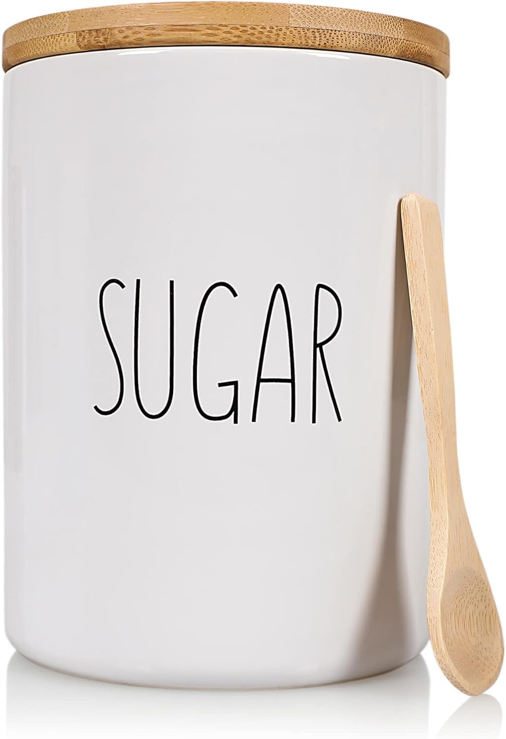 Sugar Ceramic 1080mL 4 cup Food Storage Jar Canister with Airtight Bamboo Lid and Bamboo Spoon, Modern Farmhouse Design Container for Counter - White  Brown Sugar, Cookies, Snacks, Treats