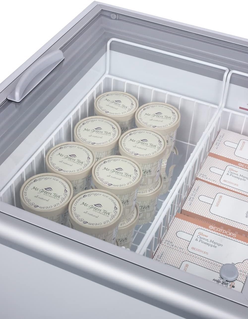 Summit Appliance NOVA22 Flat Top Commercial 7.2 Cu.Ft. Chest Freezer with Sliding Glass Lid, Digital Thermostat, Defrost Drain, Removable Lock, Fan-Cooled Compressor, Novelty Baskets and Casters